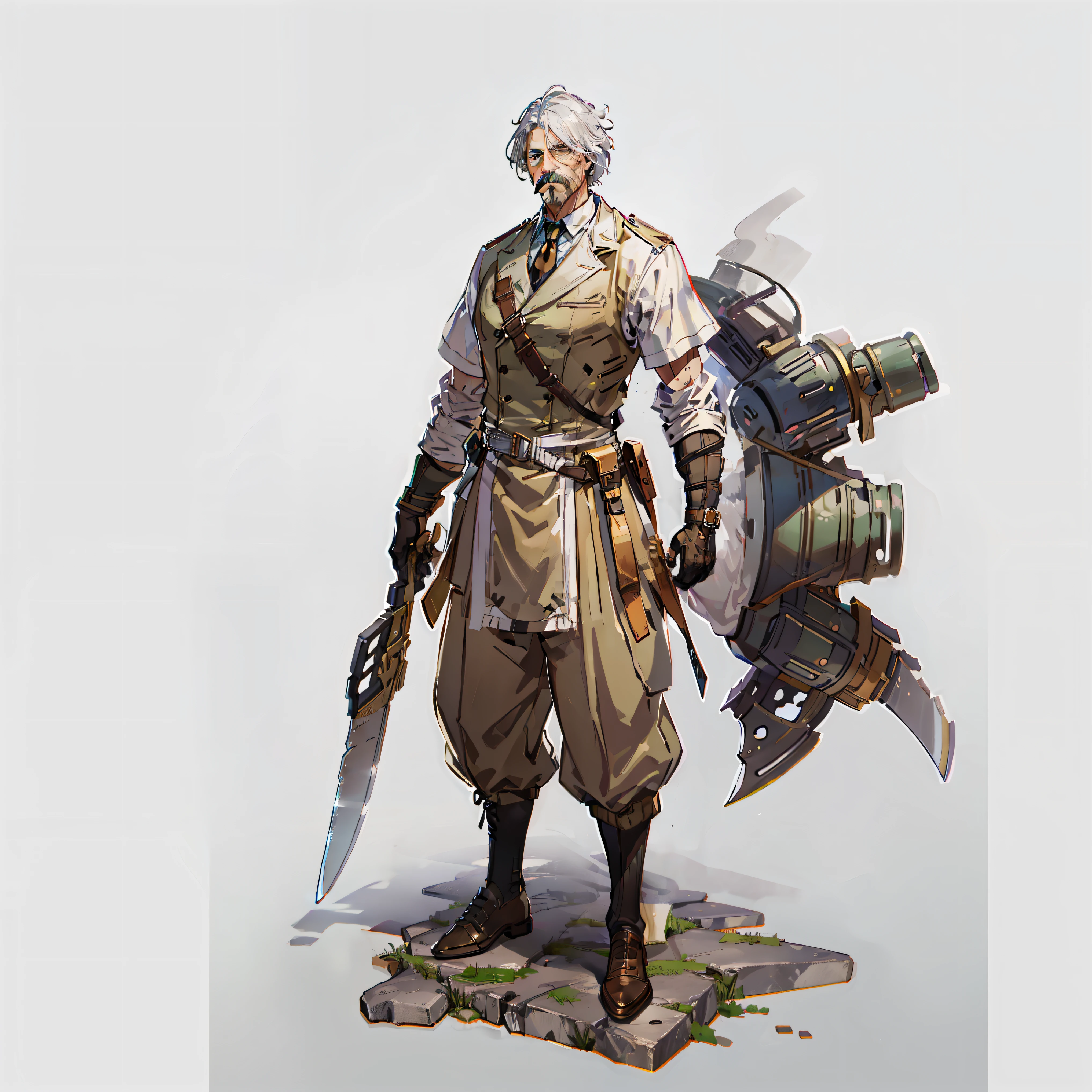 forerunner, Grandpa, No background, White background, White hair, Full body shot, Leather shoes, hickory, Short hair, mustache, Wide pants,  Brown and green dresses, hunchback, Knives, Leather shoes, wounds all over the body,  scar in one eye