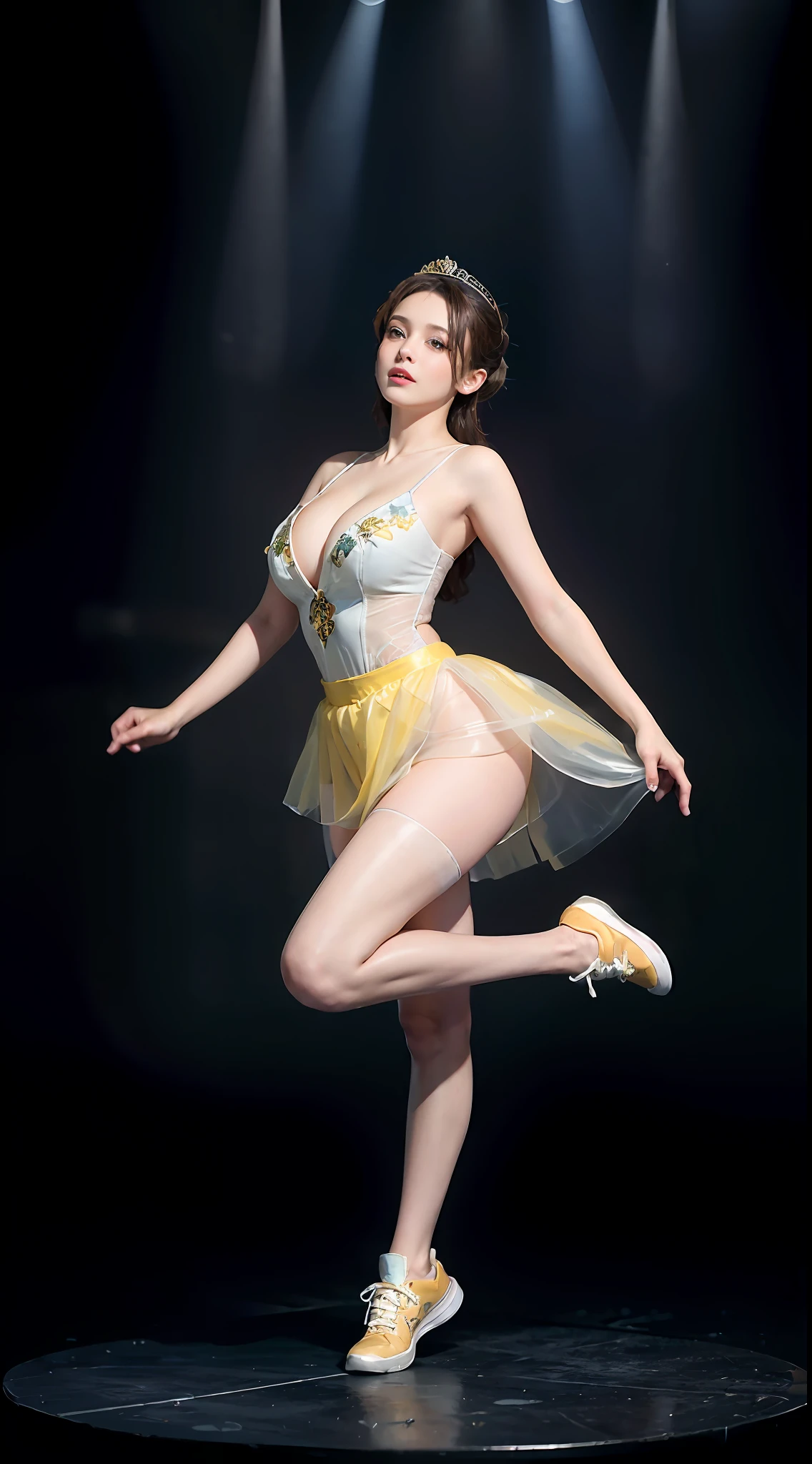Surrealist women by David Hockney and Alphonse Mucha,Fantasyart,photographrealistic,动态照明,art stations,poster for,huge tit!torches,torchan,Stage,perform,theater,Volumetriclighting,Tall beauty,body high,Very detailed faces,4 k'',1girll,Stage,low tune,facial closeups,(Light yellow ballet costume,short transparent dress,Superskirt,Bunny Girl tiara,White sneakers,cleavage:1.4), updo hair,lots of people,Redlip,ssmile,low chest,deep v big breasts,huge tit,Raised sexy,Bigchest,Large breasts,Breast swelling,Raised chest,blackstockings,Breasts are plump,crisp breasts,A plump chest,the breasts are large,Seductive expressions,Wear earrings,The skirt floated,Hair flowing up,Fairy under fan,wearing a choker,Wear a bracelet,The stands up,standing on your feet,long leges,blackstockings,Wet all over,Moisturizes the whole body,huge tit,Red lips,Curvy beauty,Female beauty,stocklings,gigantic cleavage breasts,black lence stockings,slenderlegs,Hot dance,ballet dance,Ballerina,full bodyesbian,beautifullegs,Dance,gracefulness,soft,softness,samba,samba,Noble,Rich,largeeyes,eye shadows,Long legs,beautifullegs,Thin leg,split,splitting legs,Dance,Dancer,split,Aerial capture,Jump up,Suspended in the air,Dancing in the air,The legs are long,Skirt bottom,Curvy beauty,Kicking