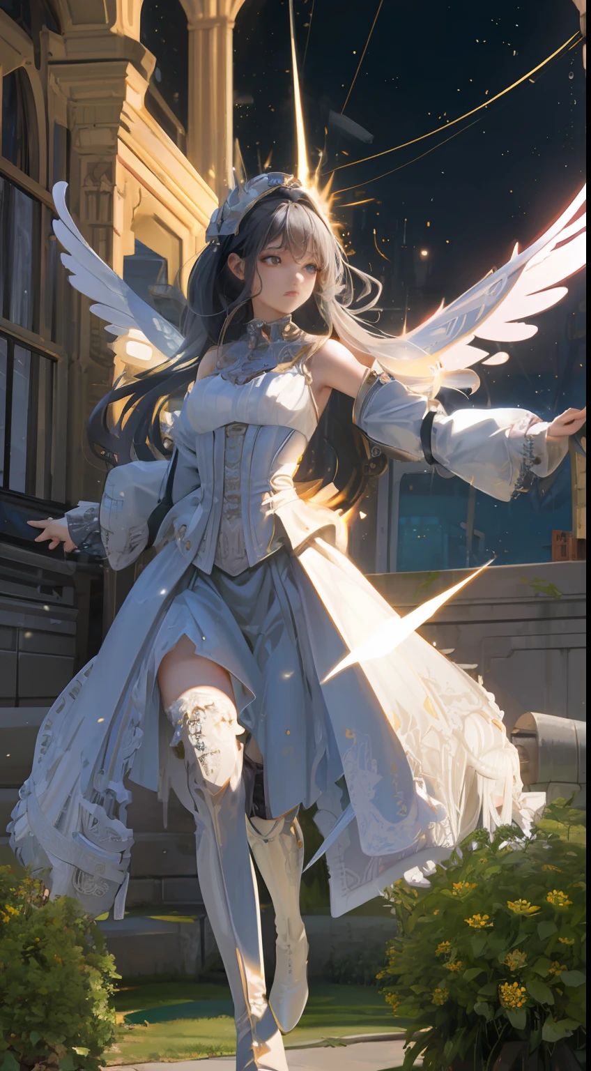 ((ultra best quality)), ((A very masterpiece)), ((The ultra-detailliert:1.4)), ((Ultra-Photorealistic 3D)), Android Mage Girl, Mechanical body, Dynamic action poses in battle scenes, Mechanical weapons of very complex and heavy fighters, Off-the-shoulder fashion fused with detailed and intricate steampunk and detailed gothic ta, Complex steampunk headgear, very thin long legs、Mechanical boots above the knee、Fluttering Lace Flared Mini Skirt、 beautiful small breasts directed upwards、rather long vertical curly silver hair moved by the wind,、Countless shining large spheres flying around、Lots of sparks cross and splash、Countless neon lights raining down from magic-invoking poses、Complex and precise mechanical night city、very dark background、Very dramatic and cinematic lighting、big wings on the back8Growing on sheets。