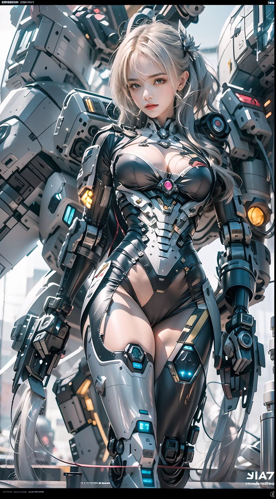 （（tmasterpiece，best qualtiy）），illustration，Ultra-detailed 8K，Clear focus，A highly detailed，Professional lighting，Colorful detailed，A girl and a mech，Beautuful Women，lottalewdsLargeMecha，cranny，with light glowing，with light glowing，Complicated details，（（1girl stands in front of the audience）），closeup cleavage，The upper part of the body