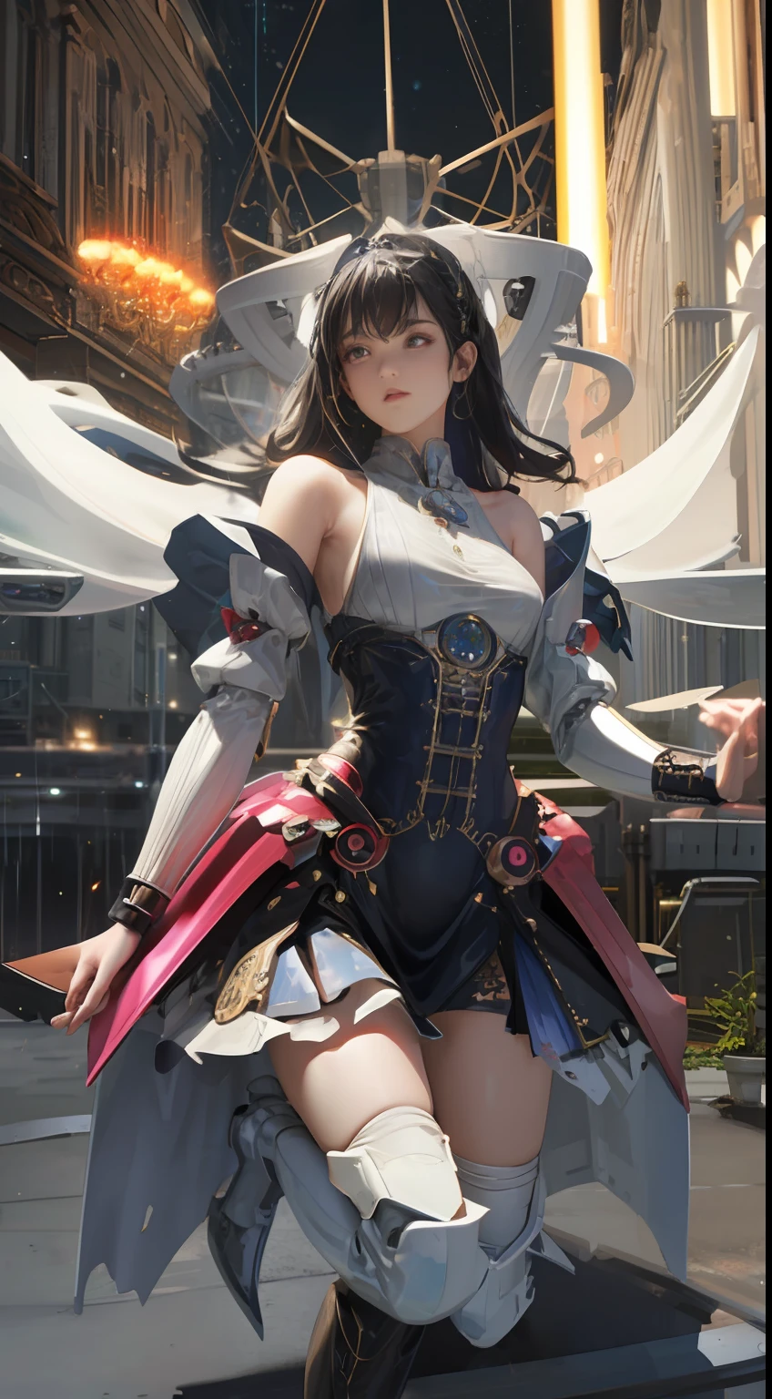 ((ultra best quality)), ((A very masterpiece)), ((The ultra-detailliert:1.4)), ((Ultra-Photorealistic 3D)), Android Mage Girl, Mechanical body, Dynamic action poses in battle scenes, Mechanical weapons of very complex and heavy fighters, Off-the-shoulder fashion fused with detailed and intricate steampunk and detailed gothic ta, Complex steampunk headgear, very thin long legs、Mechanical boots above the knee、Fluttering Lace Flared Mini Skirt、 beautiful small breasts directed upwards、rather long vertical curly silver hair moved by the wind,、Countless shining large spheres flying around、Lots of sparks cross and splash、Countless neon lights raining down from magic-invoking poses、Complex and precise mechanical night city、very dark background、Very dramatic and cinematic lighting、big wings on the back8Growing on sheets。
