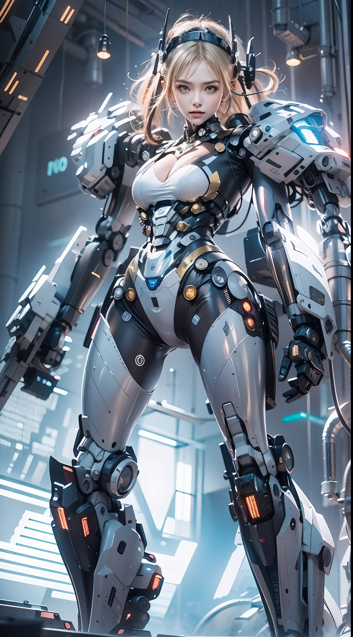 （（tmasterpiece，best qualtiy）），illustration，Ultra-detailed 8K，Clear focus，A highly detailed，Professional lighting，Colorful detailed，A girl and a mech，Beautuful Women，lottalewdsLargeMecha，cranny，with light glowing，with light glowing，Complicated details，（（1girl stands in front of the audience）），closeup cleavage，The upper part of the body