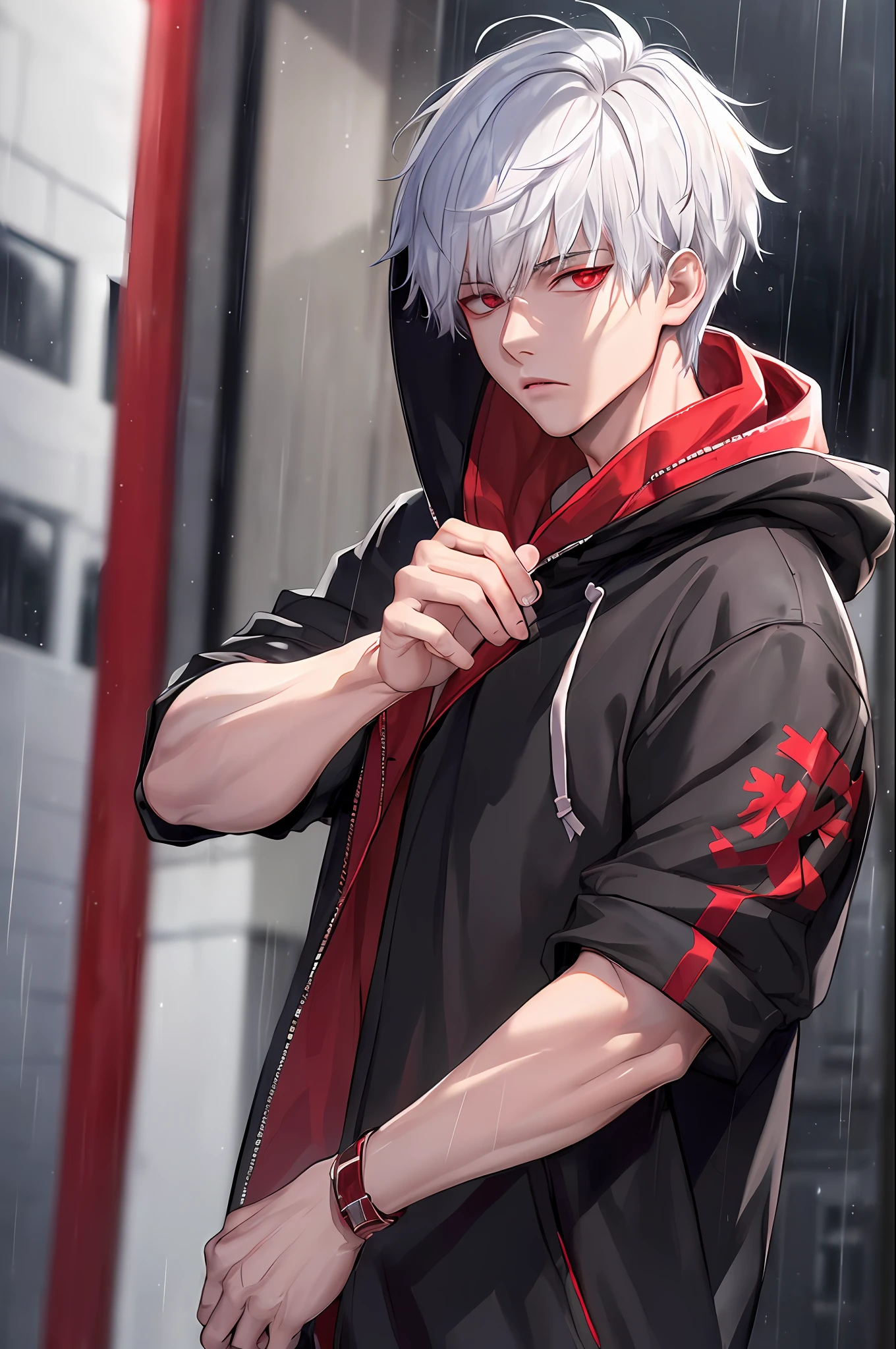 kk, best quality, more details, masterpiece, 1boy, kaneki ken, portrait, male focus, red eyes, solo, bangs, looking at viewer, hood, short hair, rain, tokyo tokyo \(city\), hood up, nail polish, white hair, luxurious, 8k, detailed, ray tracing, depth of field, cinematic lighting,