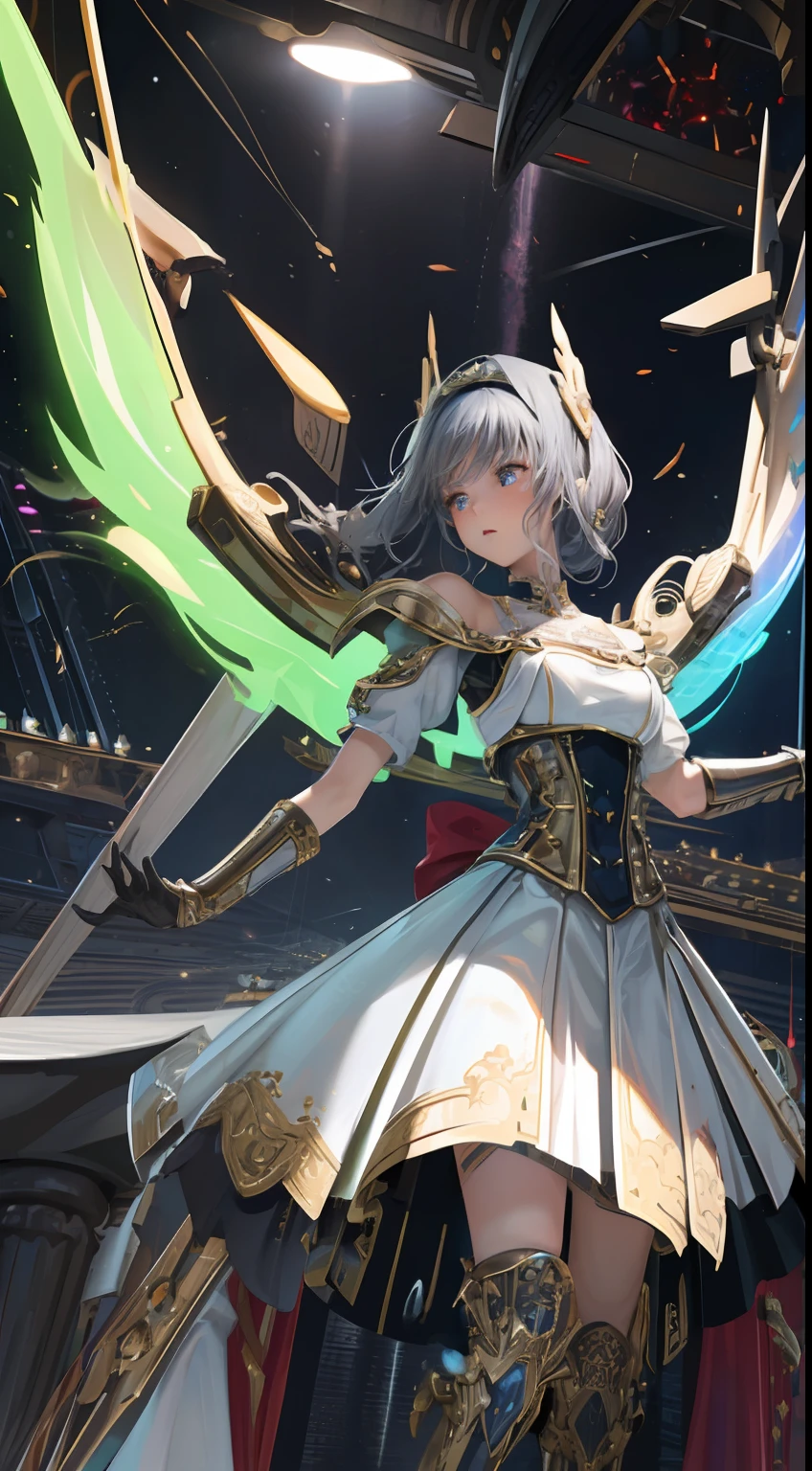 ((ultra best quality)), ((A very masterpiece)), ((The ultra-detailliert:1.4)), ((Ultra-Photorealistic 3D)), Android Mage Girl, Mechanical body, Dynamic action poses in battle scenes, Mechanical weapons of very complex and heavy fighters, Off-the-shoulder fashion fused with detailed and intricate steampunk and detailed gothic lolita, Complex steampunk headgear, very thin long legs、Mechanical boots above the knee、Fluttering Lace Flared Mini Skirt、 beautiful small breasts directed upwards、rather long vertical curly silver hair moved by the wind,、Countless shining large spheres flying around、Lots of sparks cross and splash、Countless neon lights raining down from magic-invoking poses、Complex and precise mechanical night city、very dark background、Very dramatic and cinematic lighting、big wings on the back8Growing on sheets。