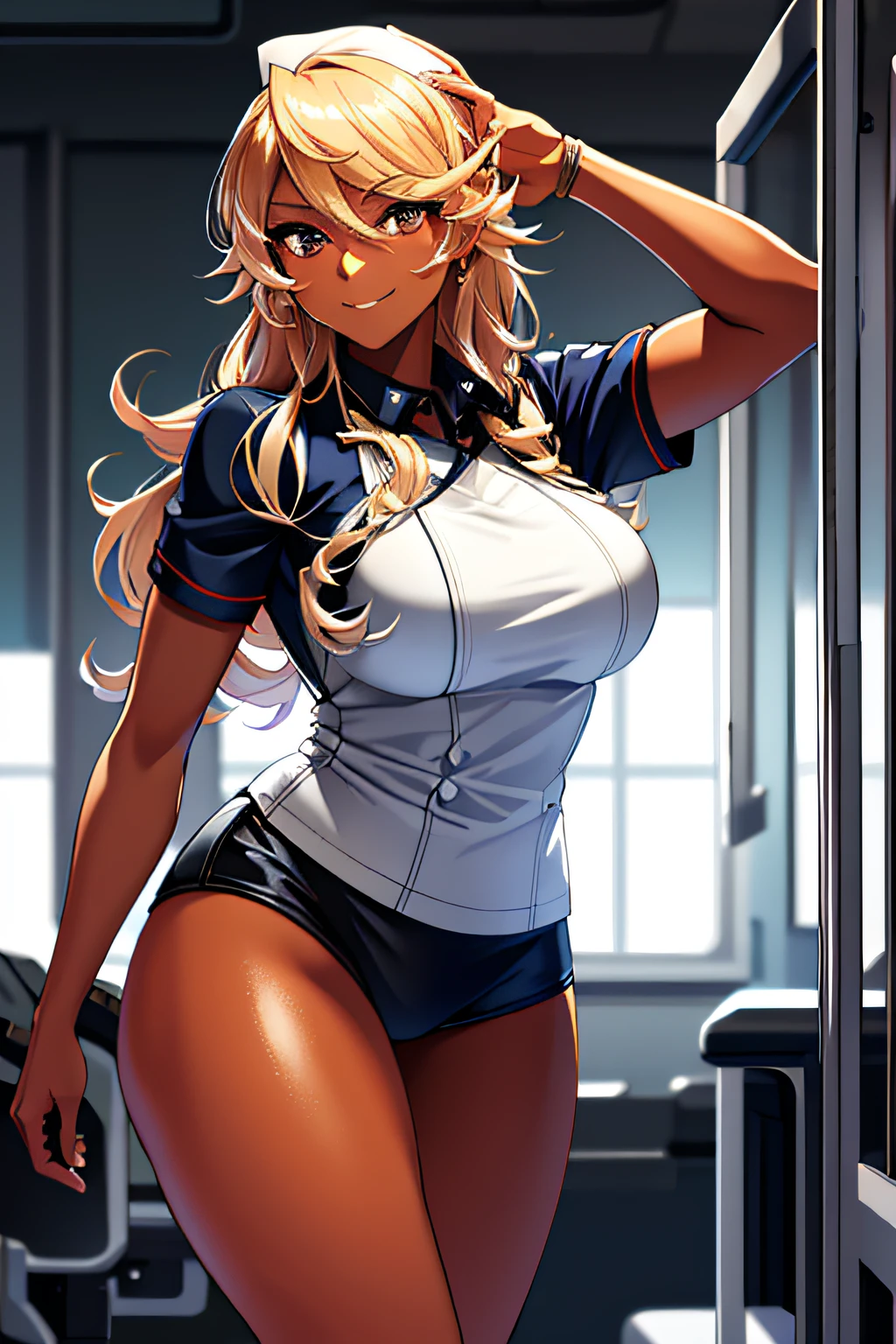 Berissaki, 1girll, Solo, Red eyes, Blonde hair, Long hair, Large breasts, dark skinned female, Dark skin, Smile, standing, Dynamic pose, 8K, Masterpiece, Best quality, absurderes, Perfect anatomy, Cinematic lighting, Cowboy shot, (nurses uniform:1.1), (hospitals, surgery room:1.1)