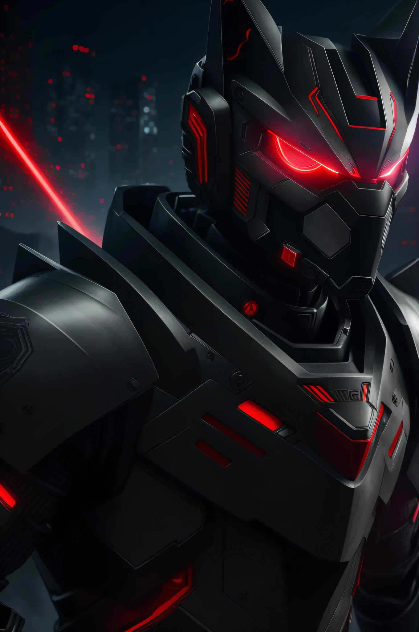 futuristic wolf warrior, robot hand, one red robot eye, wolf, futuristic nightlife, red, (black), ultra detailed clothing, ultra detailed background, fire in background, futuristic apocaliptic background, robot suit, laser