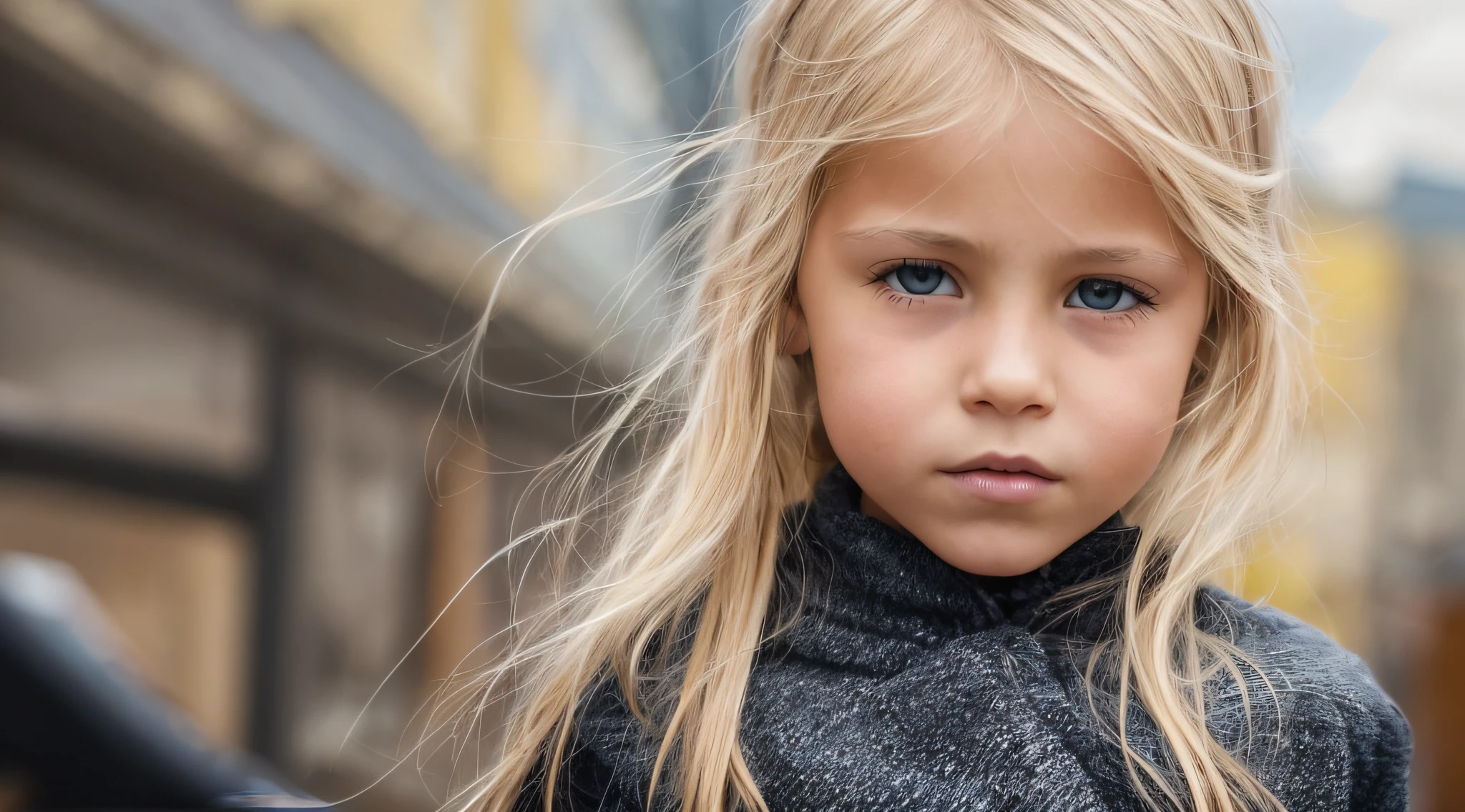 Cavalgar na tempestade, GIRL CHILD 8 YEARS OLD BLONDE HAIR, LONGOS ,CLOSE UP, ESTILO RUSSA DE fones de ouvido, CASACO DE PELE PRETA.