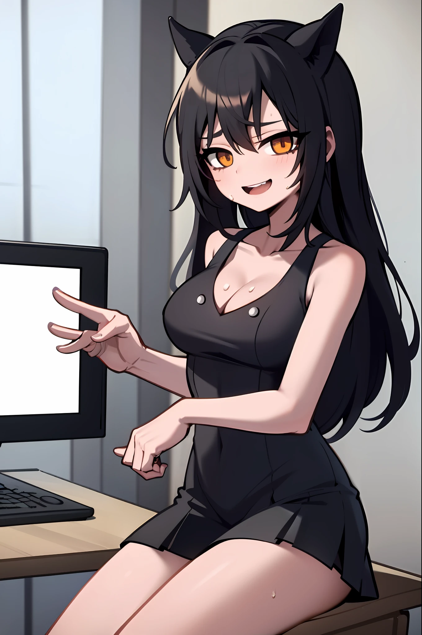 sunazuka akira, 1girll, brown_Eyes, black_Hair, Hair_between_Eyes, Long_Hair, Open_Mouth, double tails, Medium breasts, 1girll, bangs, Bare-bodied, Blush, Breasts, chair, cleavage, 鎖骨, Computer, controller, gaming console_controller, Indoors, keyboard_\(Computer\), laptop, Looking_at_peeping at the viewer, mediating_Breasts, Miniskirt, monitor, mouse_\(Computer\), Nintendo_switch, pleated_Skirt,side locks, Sitting,pantiess, Smile, Solo,surgical_Mask, Thighs,perspire,saliva,Sweat,Soaked clothes,Obscene expressions,One word horse,Pushed down,