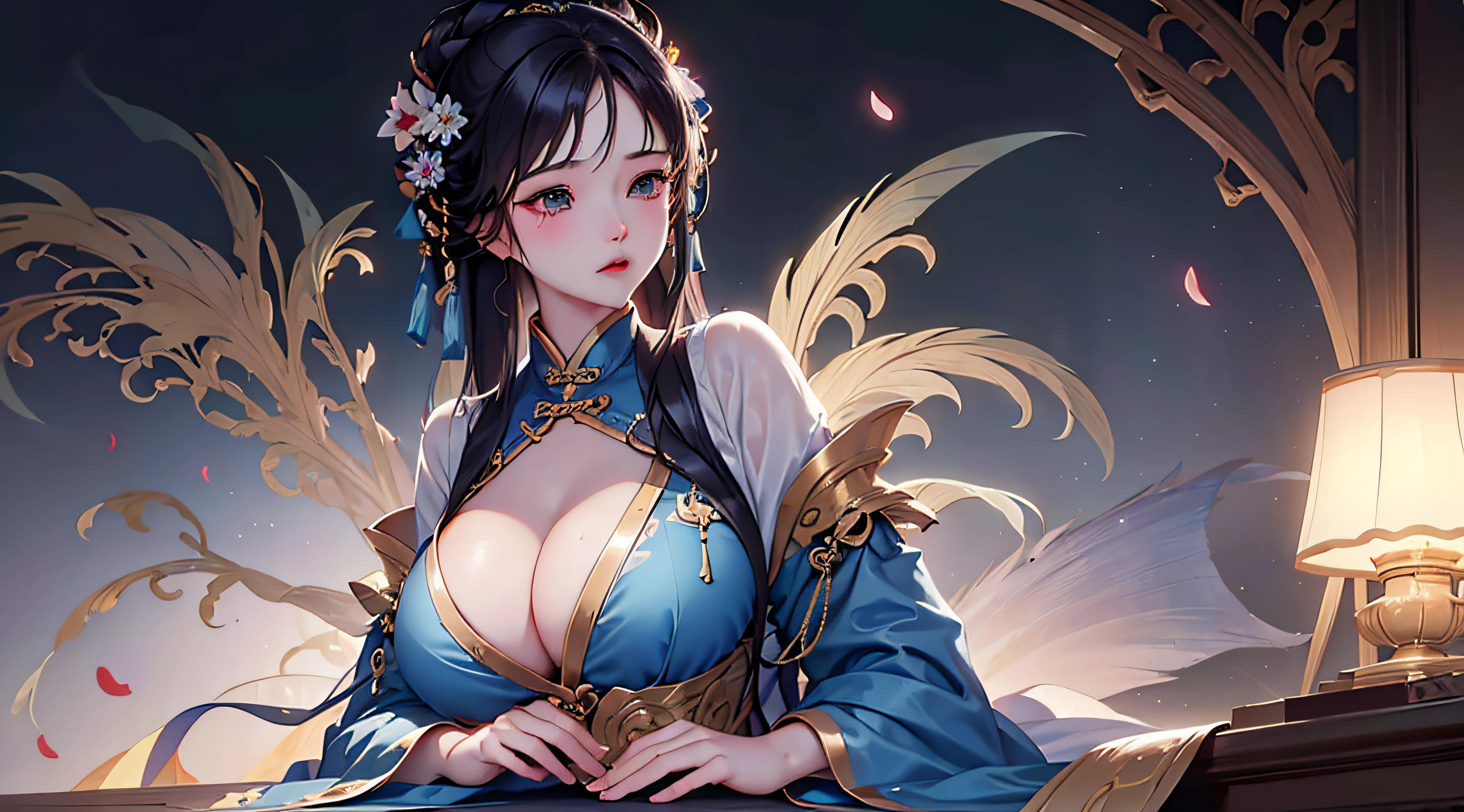 （Front focus），Erotic Hanfu，suspender stockings，Clear silk，Huge breasts，flower  sea，Petals flying，photographrealistic，动态照明，artstation，Volumetriclighting，Very detailed faces，4 k，Award-Awarded， 1girl, low key,  (official clothes:1.4), long whitr hair,