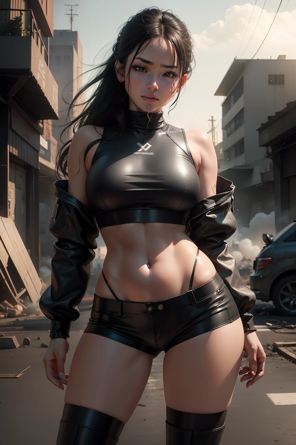Super-Resolution, frontal shot, cinema 4d, full body view of a old wet and dirty looking, beautiful woman of VietNam, thin waist, heavy sweaty,
very dirty looking tight black leather shirt, short pants, small top, leather boots, mid-40s, heavy muscles, with eletric guitar and old vespa in front of destroyed burning building,
cyberpunk metropolis, heavy smoke,sunset, Hyper realistic, photorealistic, Studio Lighting, reflections, Cinematic, Color Grading, Ultra-Wide Angle,
Depth of Field, hyper-detailed, beautifully color-coded, insane details, intricate details, beautifully color graded, Unreal Engine, Cinematic,
Color Grading, Editorial Photography, Depth of Field, DOF, Tilt Blur, Shutter Speed 1/1000, F/22, White Balance, 32k, Megapixel, ProPhoto RGB, VR,
Lonely, Good, Massive, Halfrear Lighting, Backlight, Natural Lighting, Incandescent, Optical Fiber, Moody Lighting, Cinematic Lighting, Studio Lighting,
Soft Lighting, Volumetric, Contre-Jour, Beautiful Lighting, Accent Lighting, Ray Tracing Global Illumination, Optics, Scattering, Glowing, Shadows,
Rough, Shimmering, Ray Tracing Reflections, Lumen Reflections, Screen Space Reflections, Diffraction Grading, Chromatic Aberration, GB Displacement,
Scan Lines, Ray Traced, Ray Tracing Ambient Occlusion, Anti-Aliasing, FKAA, TXAA, RTX, SSAO, Shaders, OpenGL-Shaders, GLSL-Shaders, Post Processing,
Post-Production, Cel Shading, Tone Mapping, CGI, VFX, SFX, insanely detailed and intricate, hypermaximalist, dark, hyper realistic, super detailed,
photography. 32k --ar 16:9 --v 5 --q 2 50 --s 2