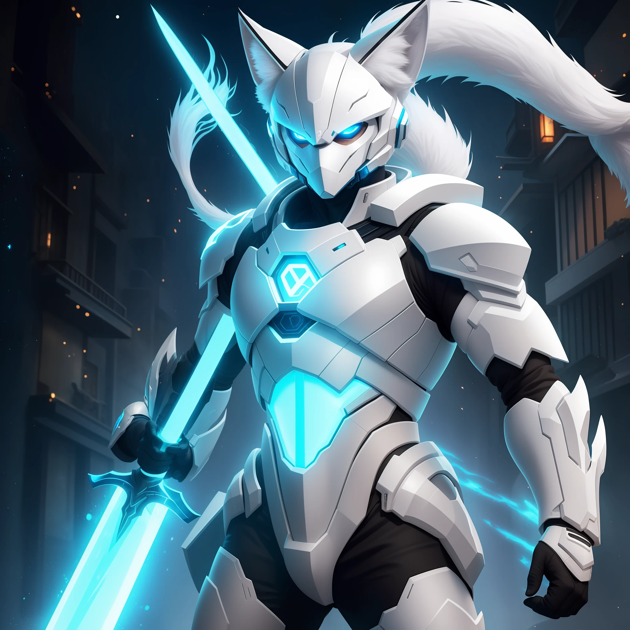 A sexy and cute white fox in human shape，Wearing sci-fi armor，Holding a blue-glowing sword in his hand，On a sci-fi style street，Detail HD，超高分辨率，