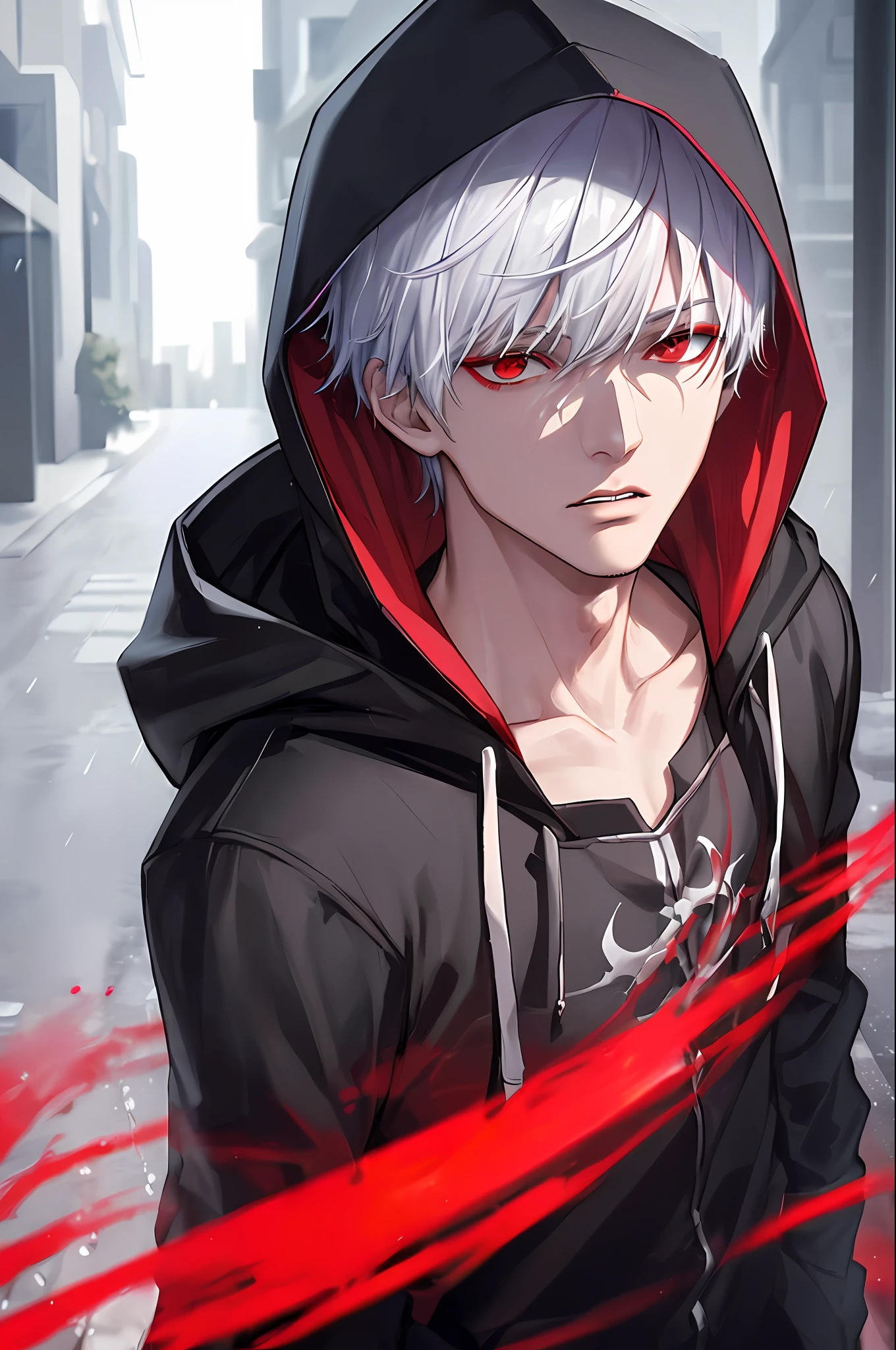 kk, best quality, more details, masterpiece, 1boy, kaneki ken, portrait, male focus, red eyes, solo, bangs, looking at viewer, hood, short hair, rain, tokyo tokyo \(city\), hood up, nail polish, white hair, luxurious, 8k, detailed, ray tracing, depth of field, cinematic lighting,