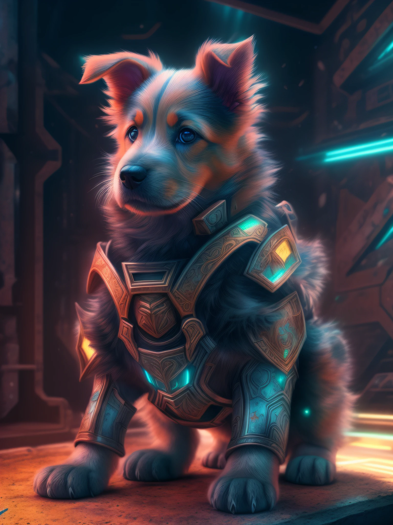 Puppy in futuristic armor, (dark shot:1.17), epic realistic, Faded, ((com cores neutras)), art, (hdr:1.5), (pastel colour:1.2), ultra - detailed, (art stations:1.5), Cinematic, warm lights, Dramaticlight, (Intricate details:1.1), the complex background, (rootkowski:0.8), (Teal and orange:0.4)