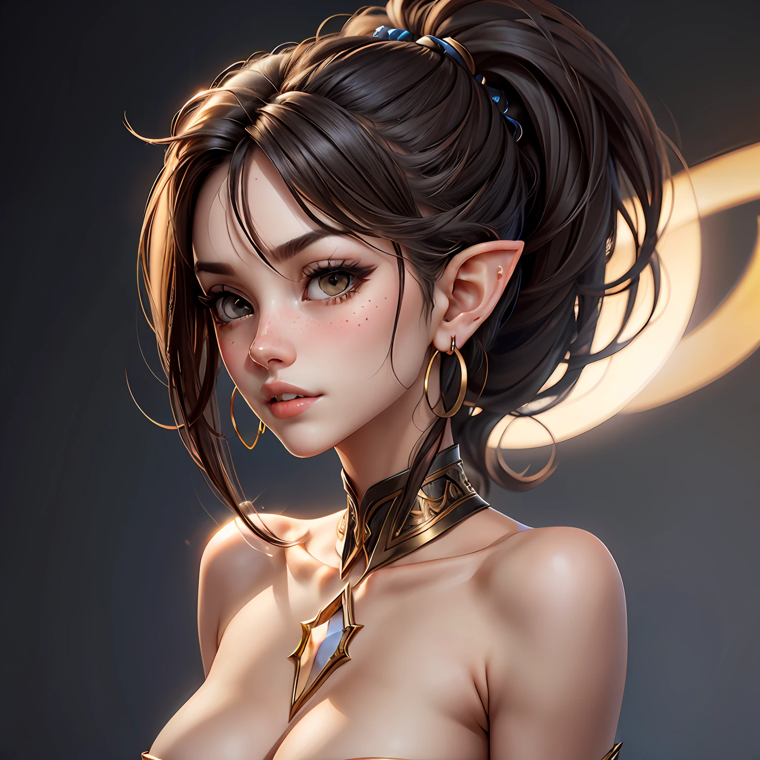 face closeup photo of a tall and very skinny young woman, ((face zoomed in only)), ((pointy elf ears)), ((tied ponytail dark hair)), skinny large boobs, small breasts, light smooth clear skin, (big hoop golden earrings), lips slightly open, face portrait, very close closeup of face only, HD FACE portrait, topless, no accessories, no clothing, naked neck, bare neck, clear neck, clean neck