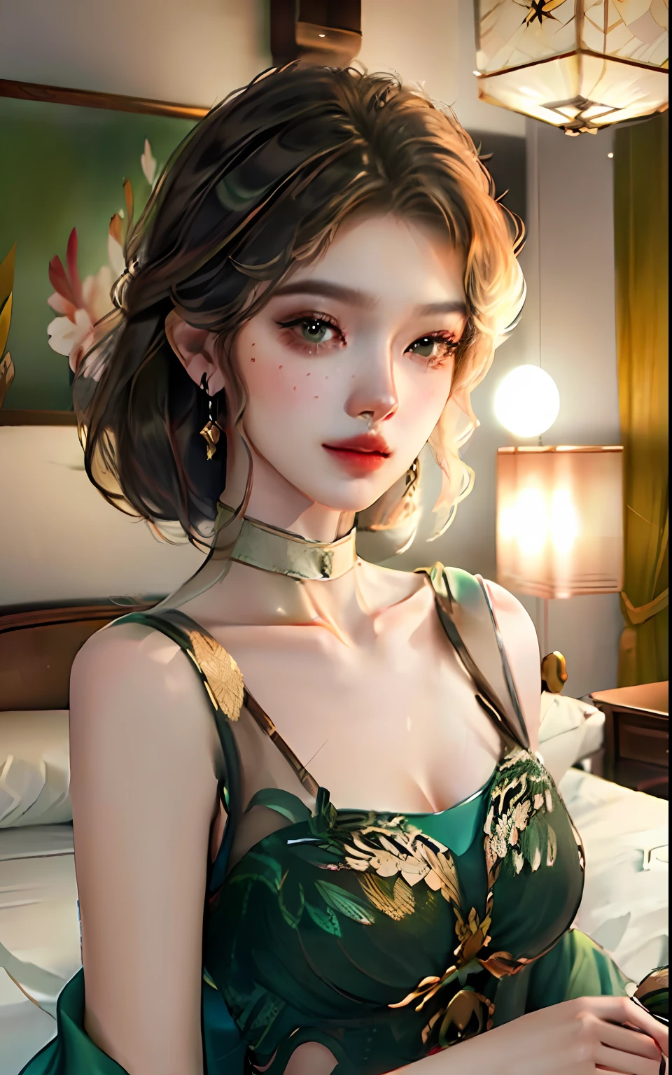 Superb, Ultra High Quality, (Realistic, Photorealistic), Instagram (Photorealistic, High Resolution: 1.4), Beauty, Japan Person, (Beautiful Face: 1.4), (Big, Slender, Constricted Waist), Medium Hair, On the Bed, Bokeh, Beautiful Light, Glossy Skin, Small Head, Full Body, Green Sexy Lingerie, Bewitching, Sexy Pose, Solo