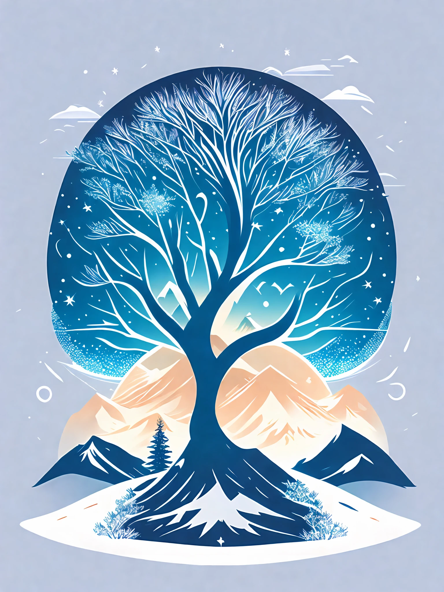 a spruice tree in a winter landscape, tshirt design, rzminjourney, vector-art