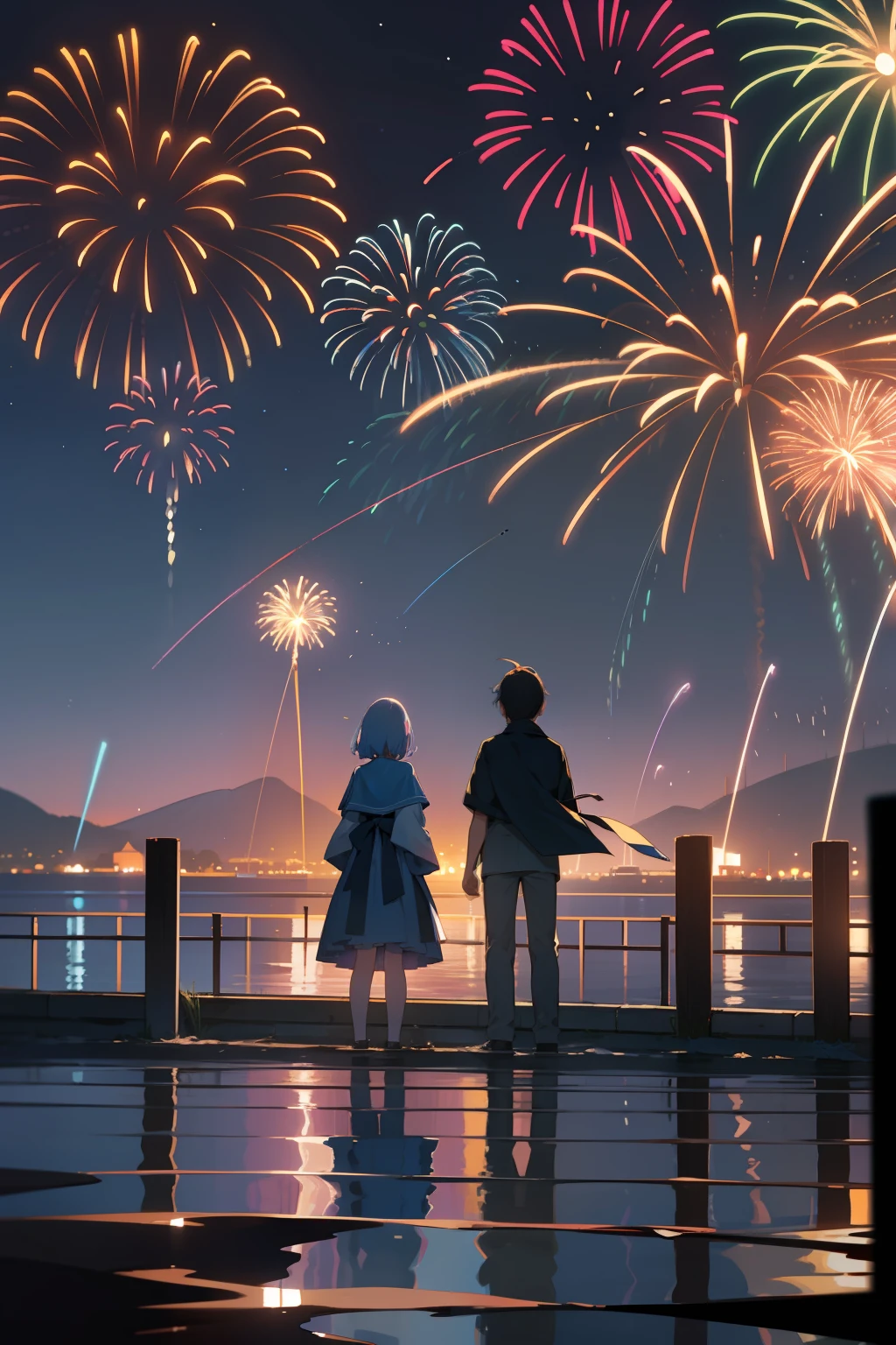 superfine illustration, Best Quality,Shadows should accurately reflect a person.A nostalgic and touching fireworks moment shared with a deceased friend. The scene must be set at night, The vividness of fireworks in the sky, Calm sea reflected below. In the foreground, Two people looking up at fireworks. Their shadows are reflected on the surface of the water.however、There is only one shadow reflected on the surface of the water.There is no shadow of others. The color palette is、It is necessary to highlight the dark blue and purple of the night sky, In bright and warm colors for fireworks, Creates a contrast that emphasizes both the beauty and melancholy of memories. Add a soft and blurry effect to fireworks、Invoke dreamy quality, Enhance the sense of longing and memory. The overall composition should convey a sense of longing, memory, And the bittersweet beauty of memories.