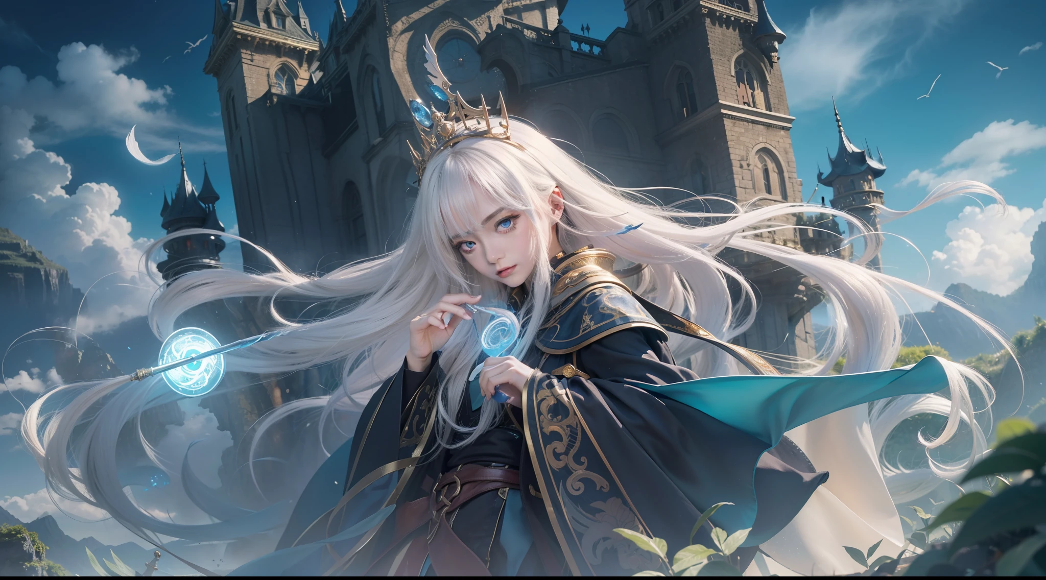 Above the rising clouds,Night, Dark, (Fantasy),infinite,deep blue sky,The abyss of knowledge,Cowledge,((masutepiece)), (((Best Quality))),((Beautiful fine eyes)),(Eye lashes)、Realistic clouds、Very beautiful face、The ultra -The high-definition、high fantasy castle、Beautiful girl with a huge golem、(女の子1人)、Black hair、The long-haired、abyss eyes、glowy skin、oils、small tits、Perfect human body structure、Wizard robes、der riese、tattered cloth、Realistic coat、Teenchi、Super delicate CG Unity 32k wallpaper、photoRealstic、​masterpiece, ((ultra-detailliert)), ((illustratio)),colourfull,wall-paper,The energy,Unknown terror,Incomprehensible,Around the magic,Magical surroundings,magic wands,Boken,Flying pages,Know everything,Predict the future、Get to know the past、Infinite wisdom、blue flames、Warlock、magic circles、Pentagram、Spells、mantra、Singing magic