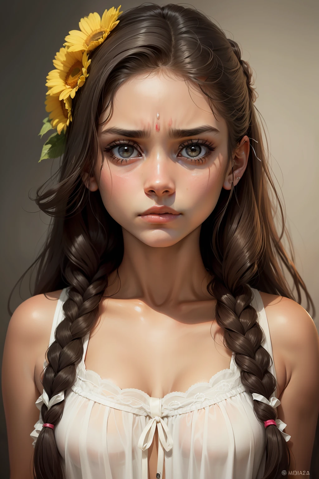 Woman with a flower in her hair looking at the camera, sad exasperated expression, ao lado olhar inocente, fernanda suarez, Parece Fabiula Nascimento, angry facial expression, frowning expression, with a sad expression, olhar triste, caretas, Adolescente, sad expression, Malika Favre, imagem frontal, meninaanos