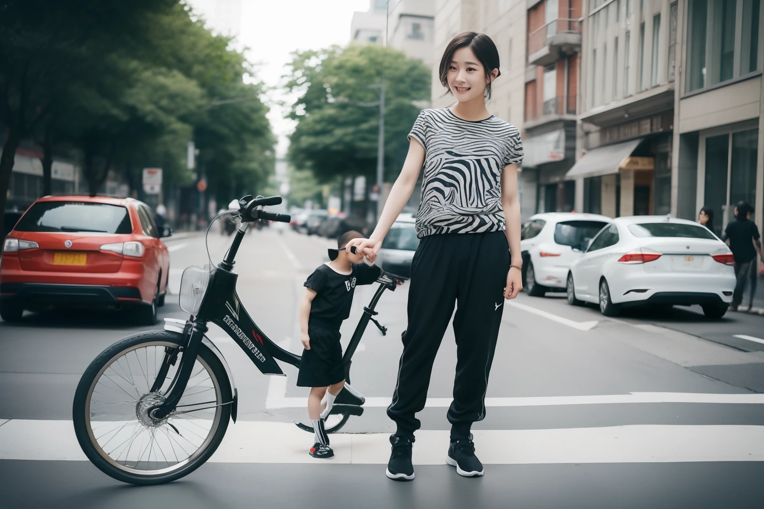Girl crosses the street with