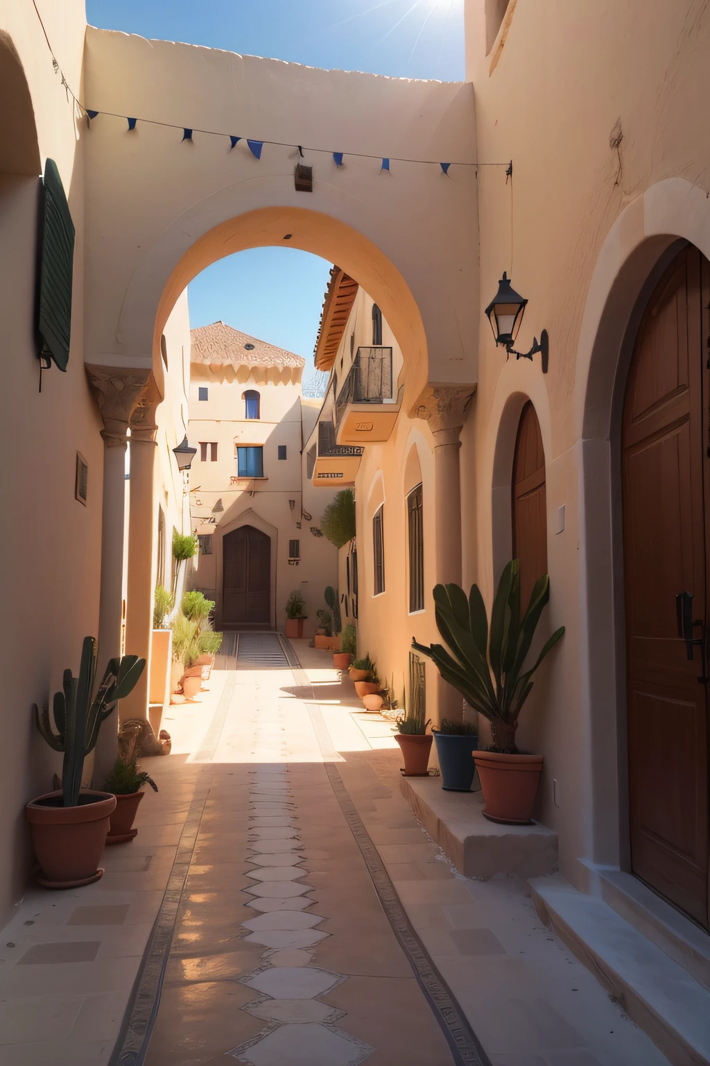 In this rich Arab city, Set in a Mediterranean empire with a desert landscape teeming with cactaceae, life flourishes in a unique and charming way. The environment is marked by a mystical and exotic atmosphere, with the imposing and majestic desert shaping the landscape of salt dunes that stretch as far as the eye can reach. The gentle undulations of the sand recall the beauty of the Greek landscapes, combining arid nature with a poetic and picturesque touch.
The 15,000 inhabitants who call this city home experience a unique lifestyle, adapted to the peculiarities of the desert and the riches brought by the maritime trade of the empire. The houses in this city are true masterpieces of architecture, designed to withstand the harsh conditions of the desert environment and, ao mesmo tempo, proporcionar conforto e luxo.
The houses are built with local materials, como adobe e pedras de cor clara, para refletir e dissipar o calor escaldante do sol. The windows have intricate lattice patterns that allow fresh air to circulate while blocking out direct sunlight, creating a pleasant feeling of freshness within the dwellings. Some houses also have internal courtyards with fountains and greenery, providing a private oasis for locals.
The cactus trade is one of the main economic activities of the city. The region is blessed with a great diversity of exotic cacti, Some of them unique to the region, which are carefully cultivated and exported to other parts of the Mediterranean empire. Ademais, The city is also an important stopping point for camel caravans crossing the desert, carregando especiarias, silk and other precious treasures for trade.
The streets of the city are animated with the sounds of traditional Arabic music and smells of exotic spices coming from the local markets. Rallies are landmark community events, held in spacious squares and decorated with carpets and lap tents