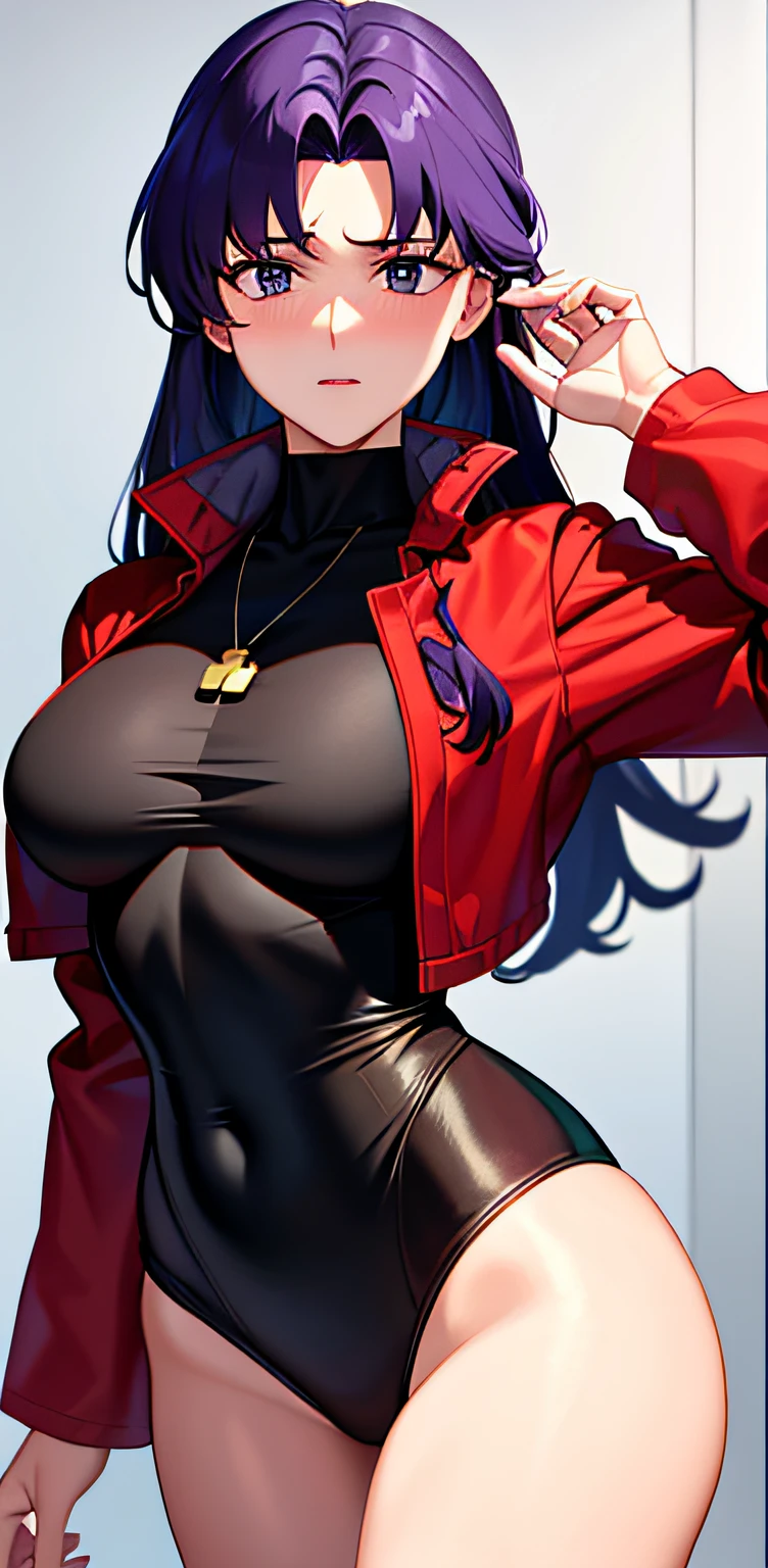 Masterpiece, Best quality,extremely_Detailed_CG_Unity_8K_the wallpaper,Extremely detailed_Eyes,,Evangelion: 3.0 you can \(not\) redo,1girll, Solo, Katsuragi_Misato, Brown eyes,Indigo hair,Big_Breasts, Cross_necklace ,Red jacket, Mature female,aged up,Upper body,