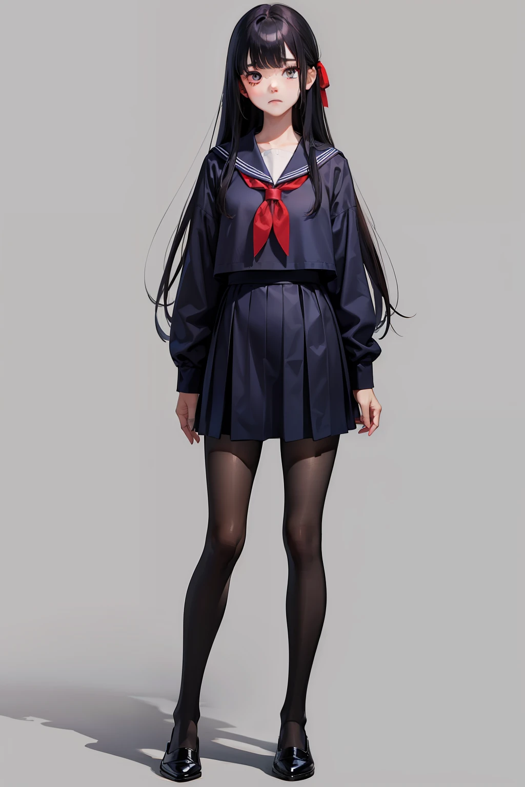 A dark-haired、Long hair、Navy blue sailor suit、Black tights、Red Ribbon、sharp eye、deadpan、Standing Pose、Bangs patsun、Bangs short