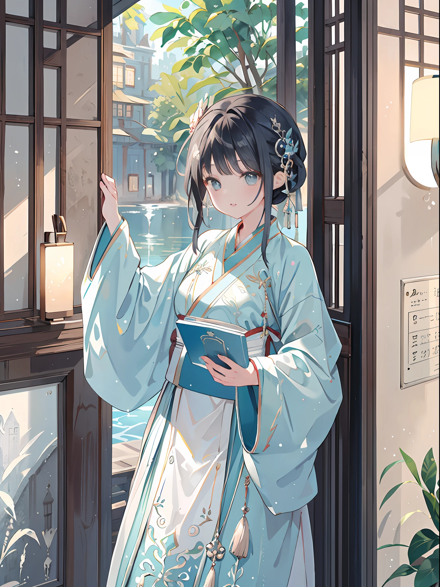 Best Quality, Intricate details, High resolution, (beautiful details water: 1.4), (Hanfu,), modern people holding math books, holding cell phone,