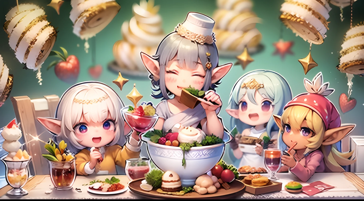 Realistic hand drawn style with cute elf characters、Everyone is eating a big parfait for the party