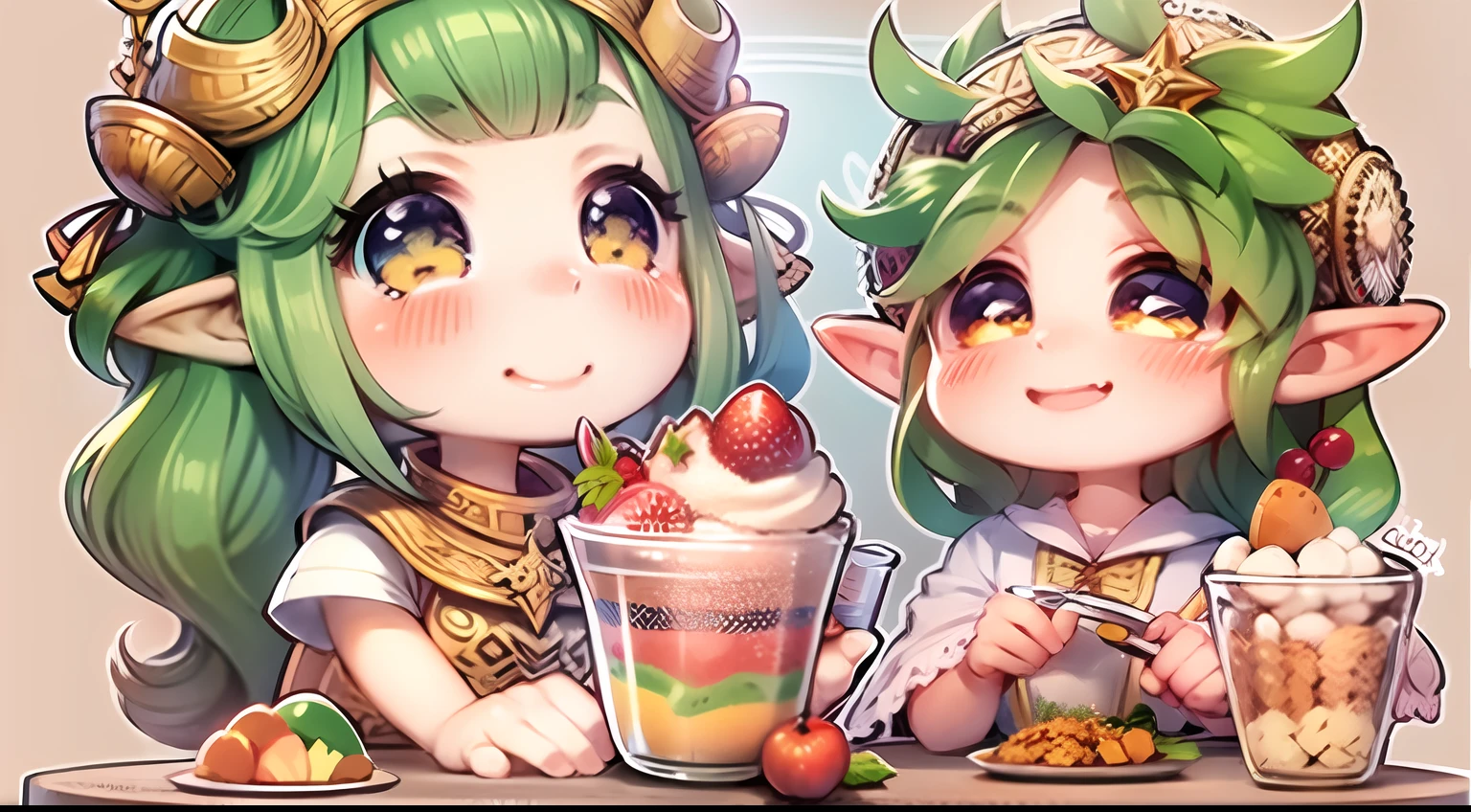 Realistic hand drawn style with cute elf characters、Everyone is eating a big parfait for the party