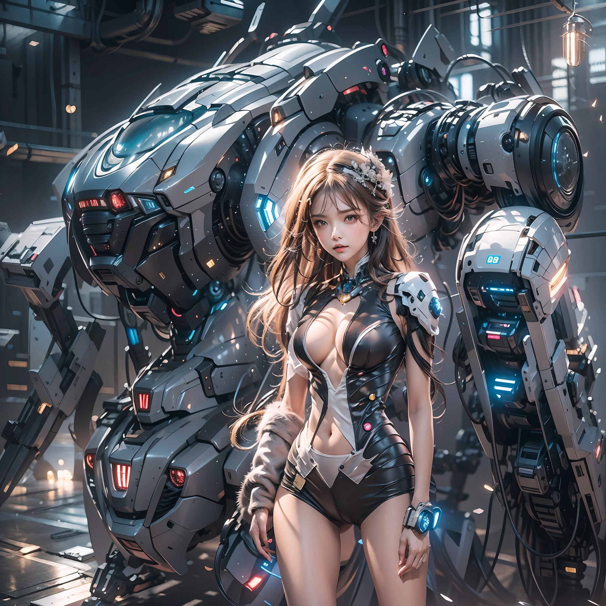 （（tmasterpiece，best qualtiy）），illustration，Ultra-detailed 8K，Clear focus，A highly detailed，Professional lighting，Colorful detailed，A girl and a mech，Beautuful Women，lottalewdsLargeMecha，cranny，with light glowing，with light glowing，Complicated details，（（1girl stands in front of the audience）），closeup cleavage，The upper part of the body