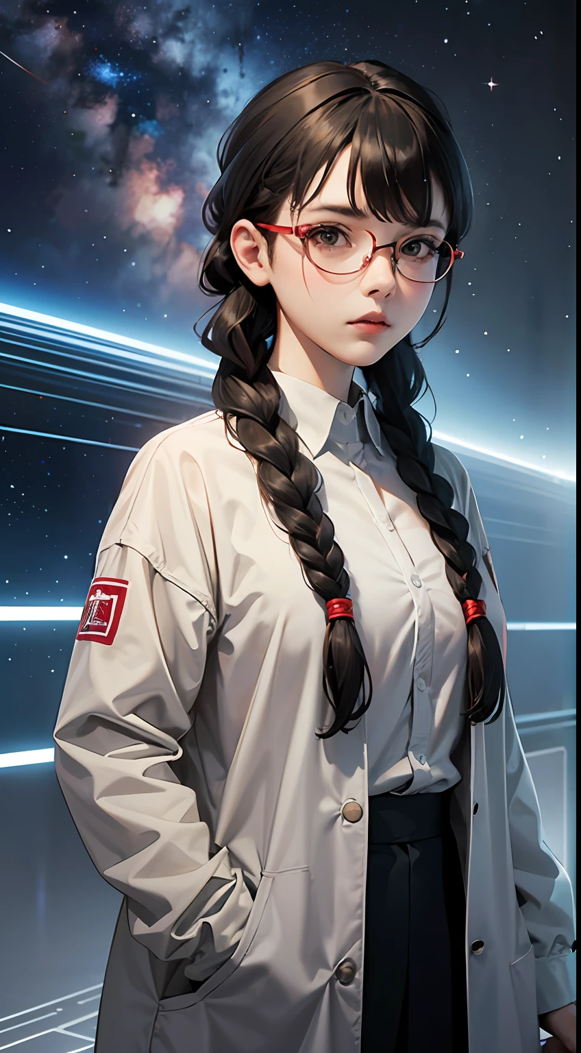 Movie Poster,((braid hairstyle : 1.5)),Anime Reference 86 ,Science fiction,sci-fi,motion picture,War Action Movies,outer space,atmosphere,sky,Combat vehicles,Multiple characters,Women,mature adult,Green Eyes,Black Hair,(bangs pig hairstyles : 1.8 ),(Red glasses),White Scientist Uniform Long Lab Coat,A serious frown.,Realistic facial details,Realism,3D face,