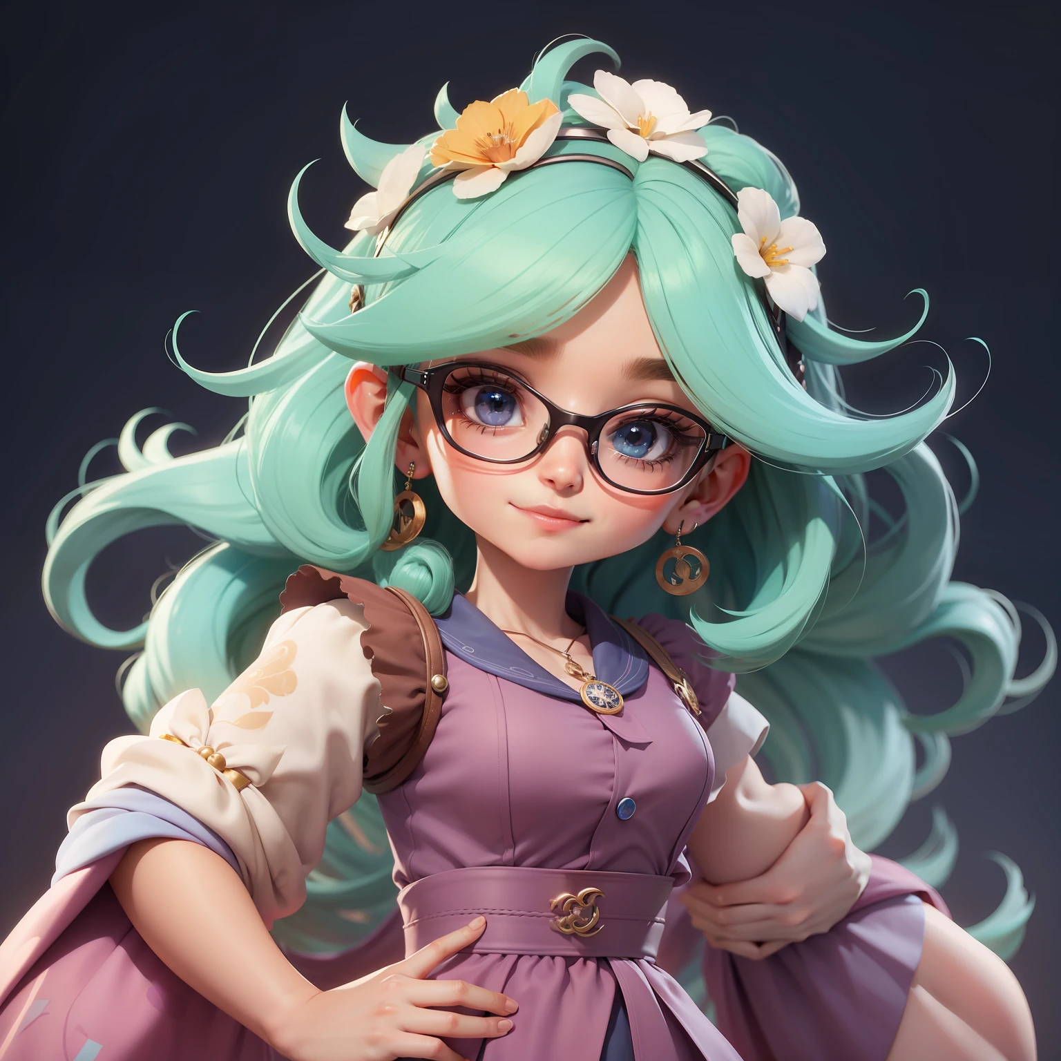 uma garota fofa super bonito, nerd, Eyeglasses, corpo inteiro, Beautiful and stuck hair accessories, Coloridos, olhos delicados, sorrindo, roupas leves e detalhadas, clean background and bright 3D rendering, OC rendering, 8k, Foco suave, fino Glossysuper detalhe --ar 3:6 50 --q 2 --niji 5 --estilo expressivo --s 2