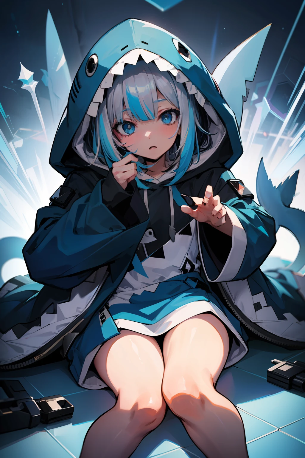 1 girl,Blue Hoodie,Wide sleeves,Pixiv masterpiece::1.5,Lying,detaileds,light Particle,glitch effect,Symbol Particles,White background,High-grade,High quality,Platinum Gray Hair,Blue hair, multi color hair,shark