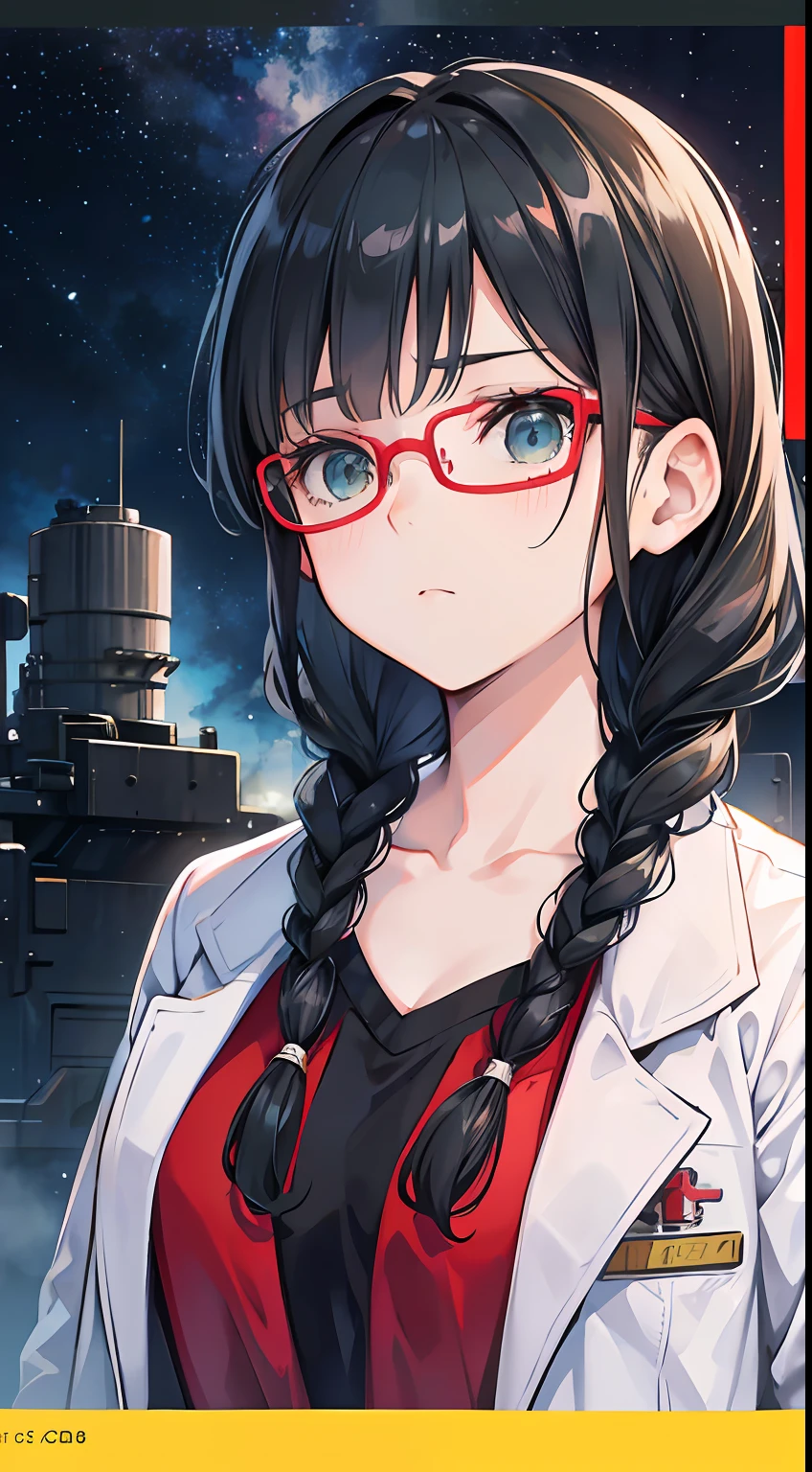 Movie Poster,((Braid hairstyles : 1.5)),Anime Reference 86 ,science fiction,sci-fi,motion picture,War Action Movies,outer space,atmospheric,sky,Combat vehicles,Multiple characters,Women,mature adult,green eyes,Black Hair,(short hairstyle pig hairstyle : 1.8 ),(Red glasses),White Scientist Uniform Long Lab Coat,Seriously frowned..,Realistic facial details,Realism,3d face,