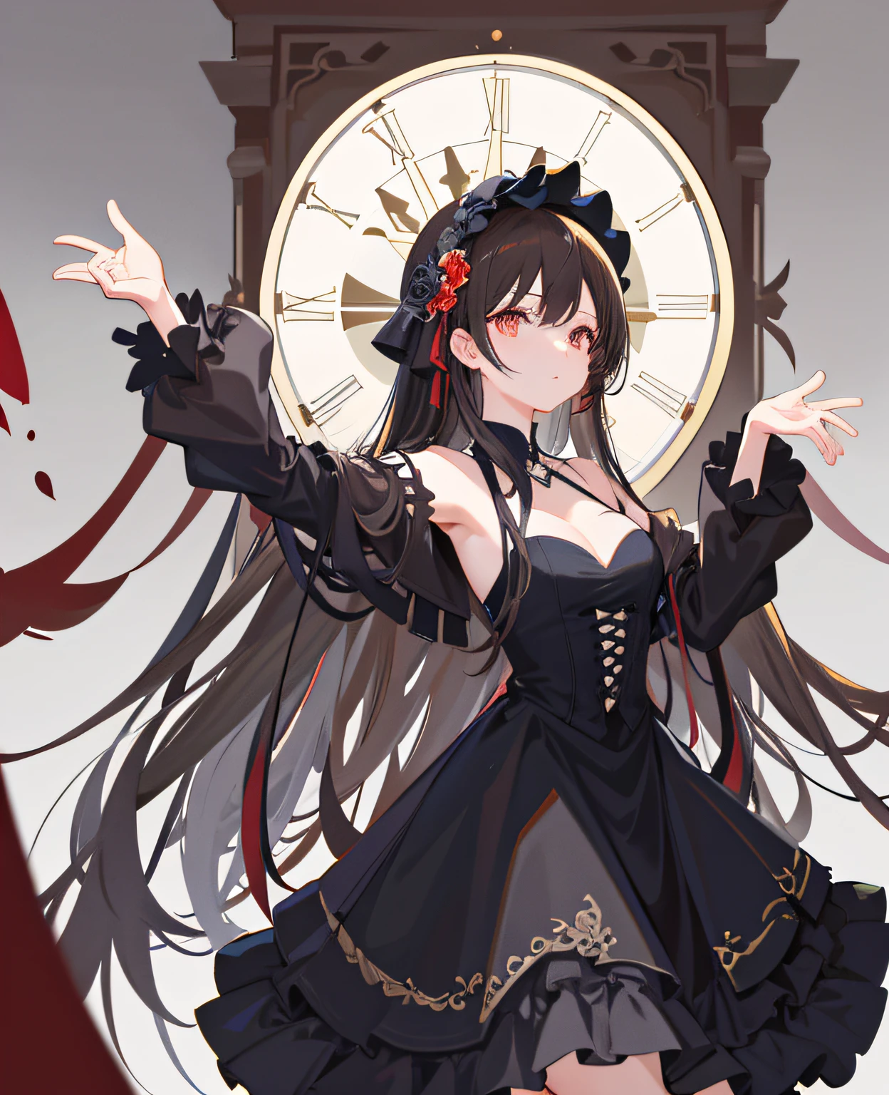 (Masterpiece), (Best quality), 1girl, full bodyesbian, All-black dress，无袖，Completely sideways，Intense light and shadow，Overhead lighting，Semi-thick coating，Short brown hair， Greet with both hands，Raise your hand，Sad expression，Dove，Raise Hand，By bangs，Arms up，Skirt pulling，Religious significance，Baroque religious background，Baroque architecture，golden colored，Gray plains mourn，red rose，yoke，divino，petals，White feathers，with light glowing，deep dark background，foreground emphasized，softlighting