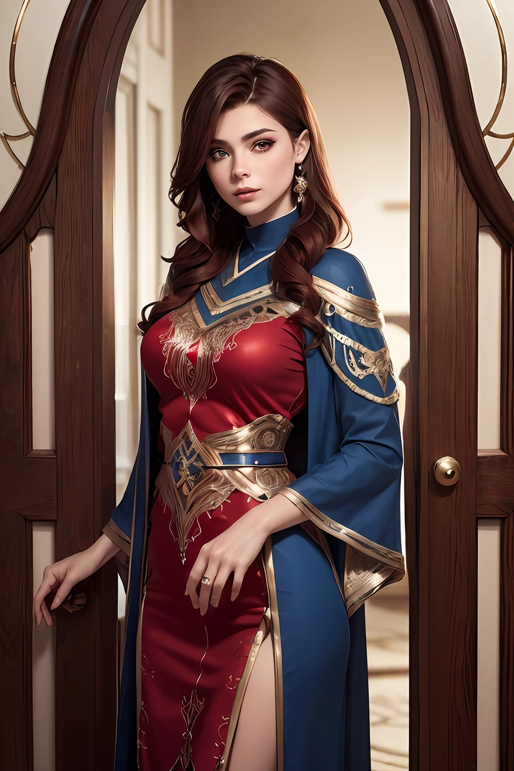 High quality fingers, mains normales, Detailed fingers, master piece, (Realstic, photo-realistic: 1.37), (femme de 22 ans), Katarina de League of Legends, poitrine moyenne, petite taille, dark red hair, yeux bleus, beau visage, perfect  lighting, beautiful detailed  eyes, regardant le spectateur, femme incroyablement belle, Detailed hairstyle, Detailed background Moroccan caftan door well covered