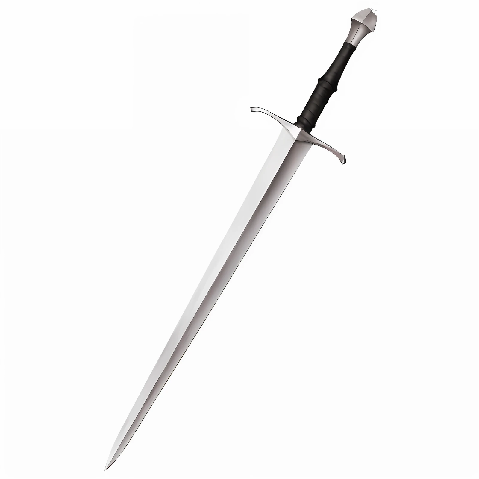 Close-up of a sword with a black handle on a white background, Ligut Sword, Base steel sword, Medieval sword, Broadsword, two-handed sword, Longsword, A broad sword, Steel Sword, Broadsword, Silver Sword, Great Sword, Fantastic Sword, Fantasy Sword of Warrior, Great Sword, Longsword, Medieval stone sword, sword
