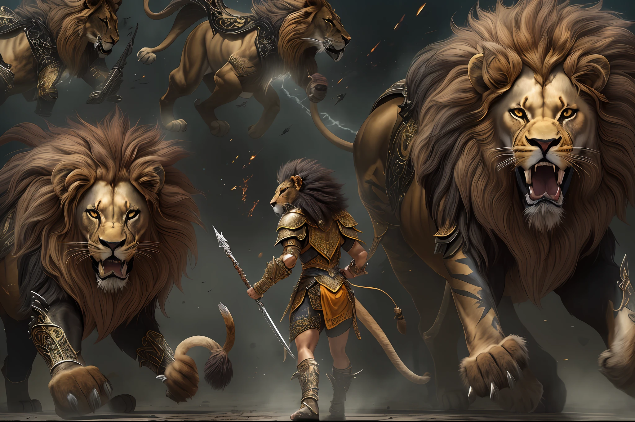 "Animal Warrior: Fierce, powerful, majestic and mythical creature with a combination of humanoid animal (lion) characteristics, adorned with intricate armor, dynamic pose, intense battle scene, epic lighting, immersive environment and a sense of strength and courage ."