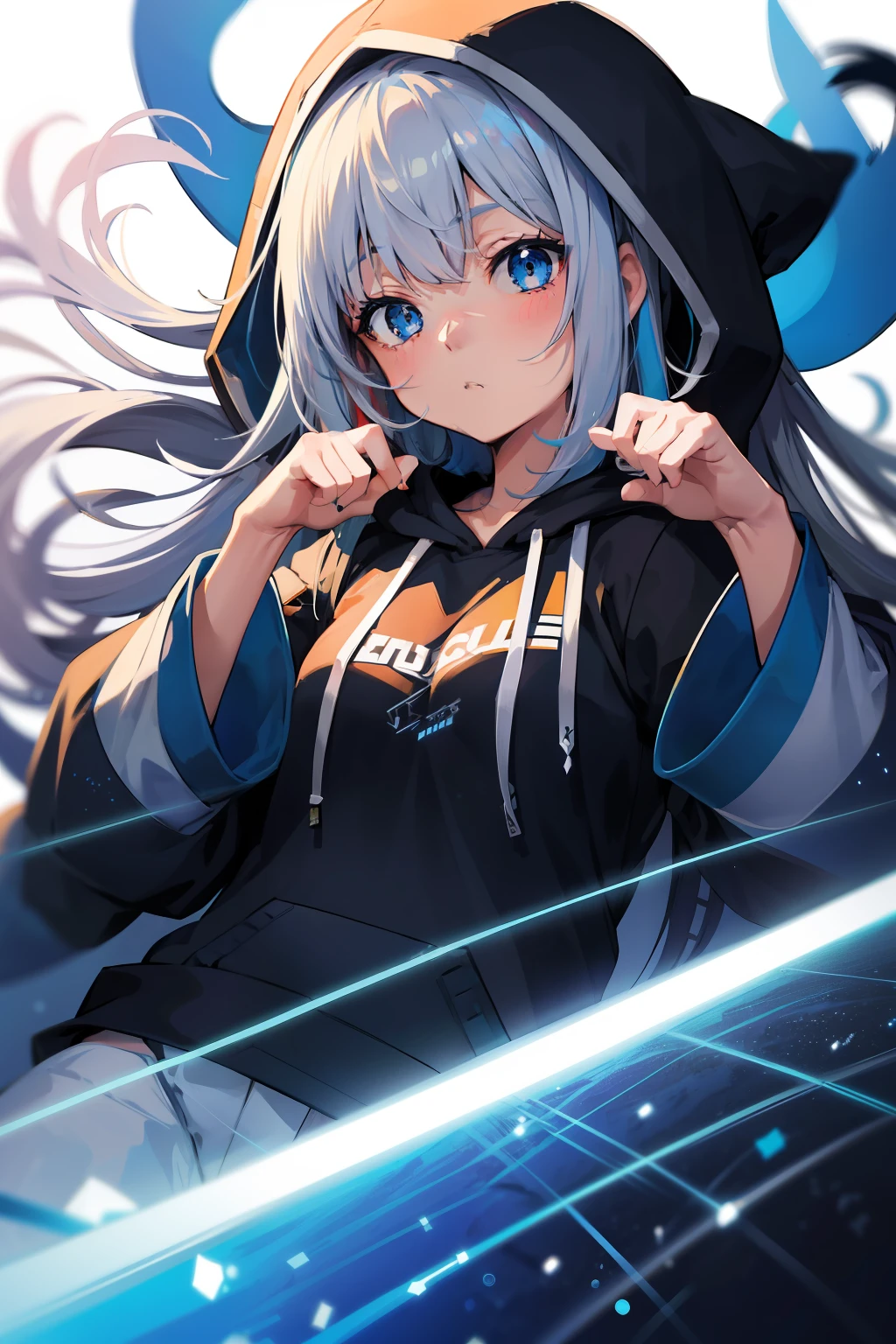 lying,1 girl,blue hoodie,wide sleeves,pixiv masterpiece::1.5,high detailed,light particles,glitch effect, geometrical pattern,symbol particles,white background,high graed,high quality,platinum gray hair,blue hair, muticolor hair,