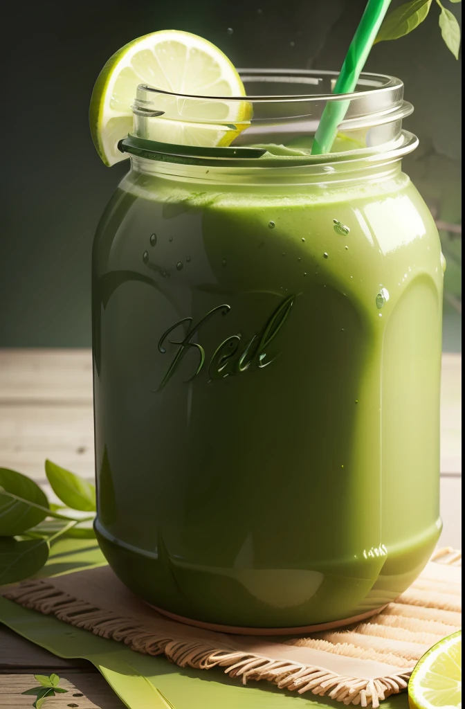 There is a jar of green smoothie with a slice of lemon and a slice of lemon, NCIS, verdura), suco de moringa, full of greenish liquid, suco, verdes exuberantes, Beautiful green liquid, Geeen pele, Corpo verde, Mistura, um pouco de verde, magia verde, delicioso, iStock, verde exuberante, pele esverdeada, green blessing