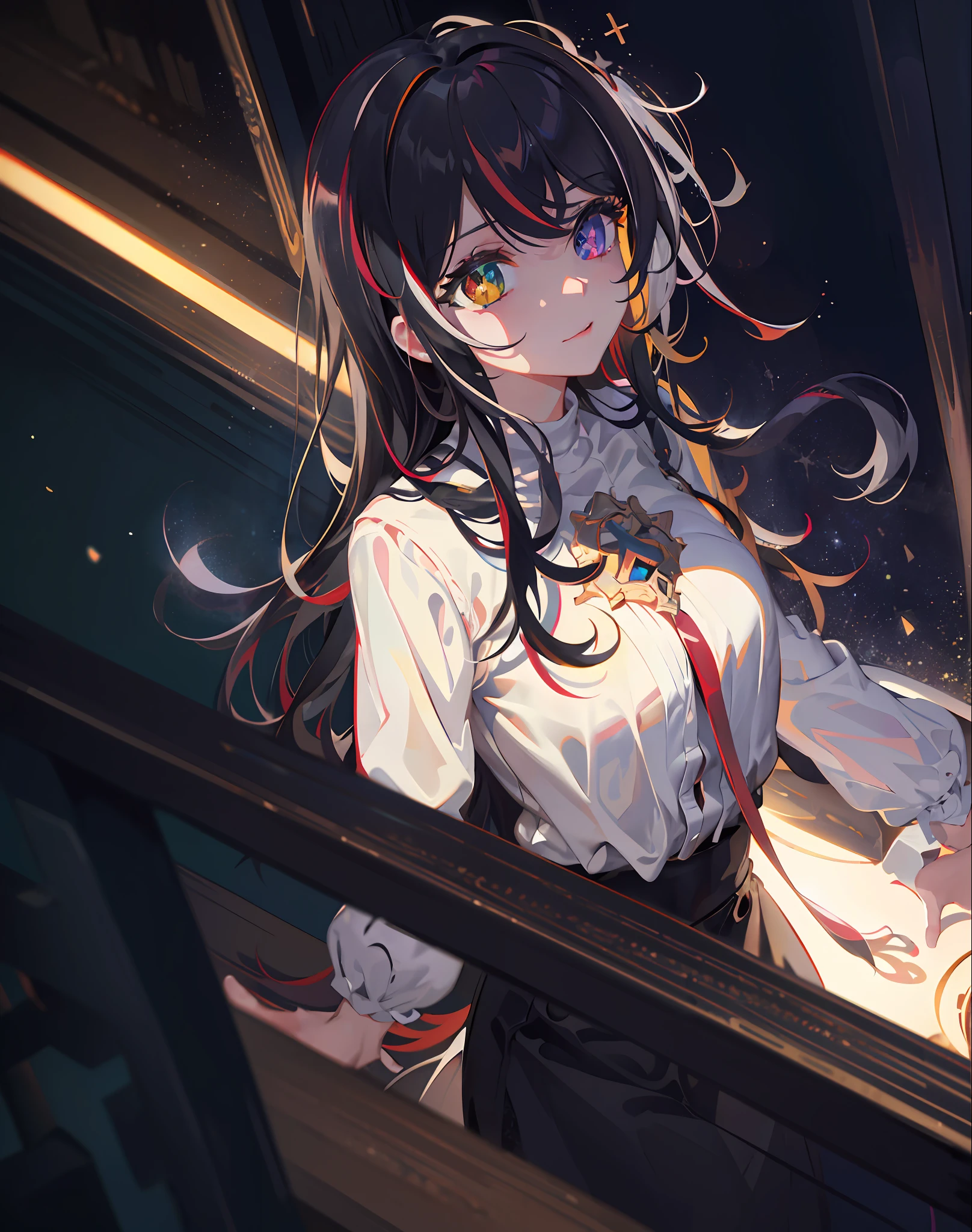 {{masterpiece}}, best quality, extremely detailed CG unity 8k wallpaper, cinematic lighting, lens flare, beautiful detail eyes, black, side glance, multicolor hair, colorful light, particles, heterochromia, (colorful:1.5), (colorful hair:1.5),