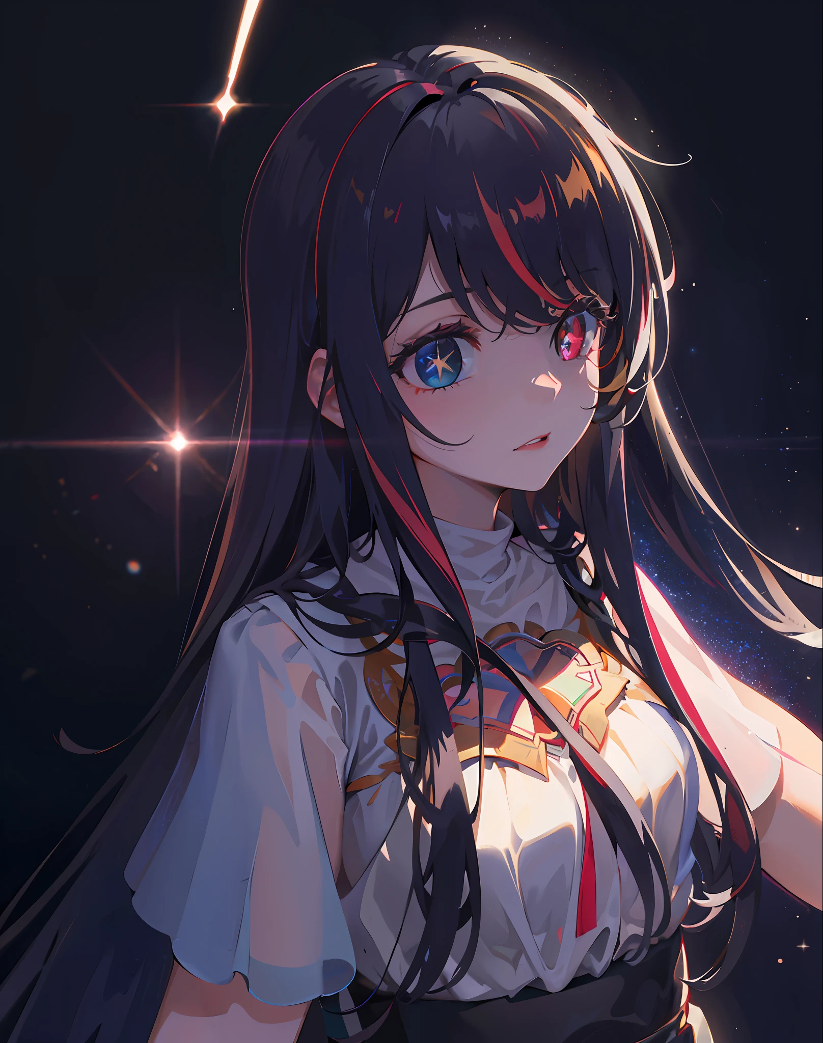 {{masterpiece}}, best quality, extremely detailed CG unity 8k wallpaper, cinematic lighting, lens flare, beautiful detail eyes, black, side glance, multicolor hair, colorful light, particles, heterochromia, (colorful:1.5), (colorful hair:1.5),