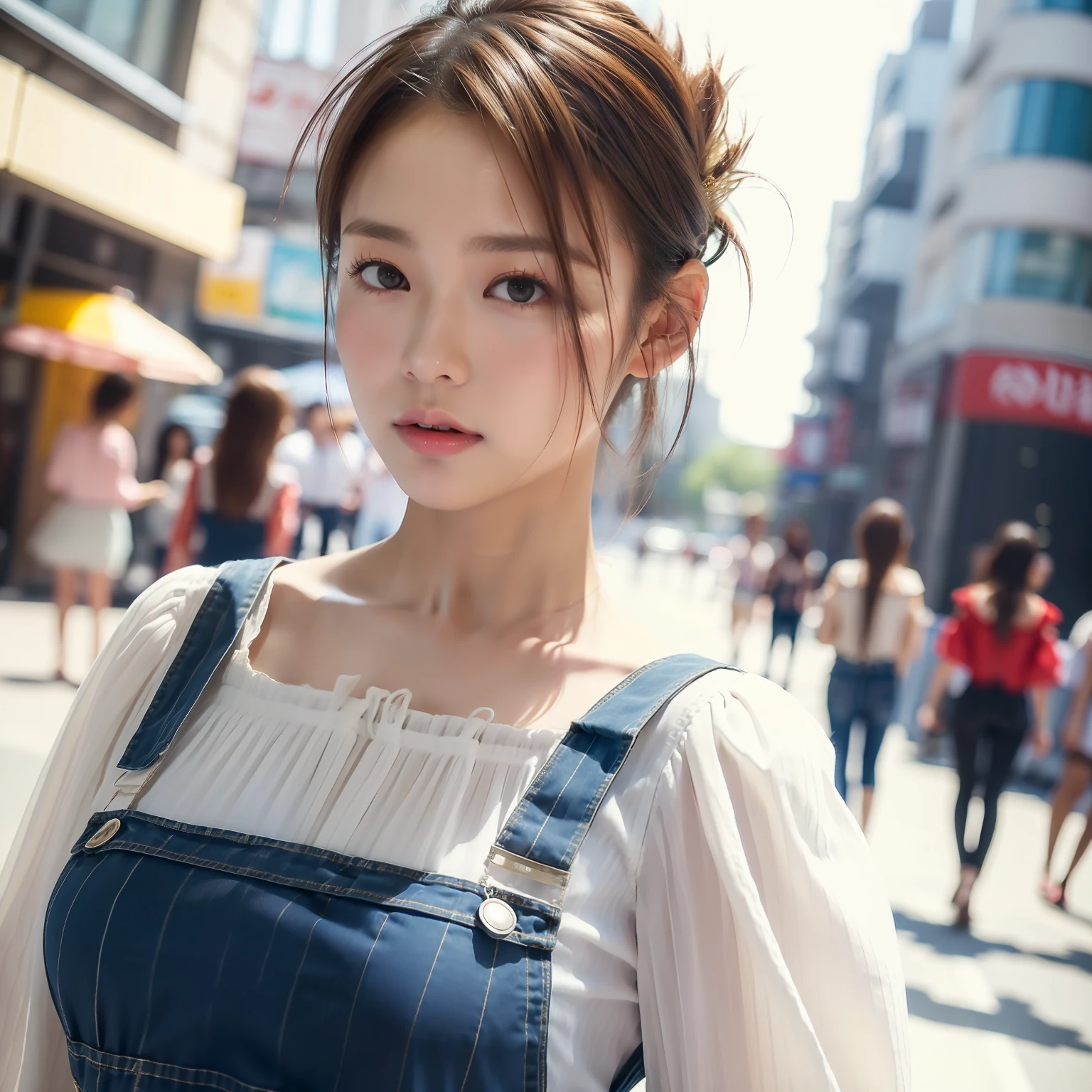 Woman with long hair posing in short dress, top-quality, 1girl, (overalls,top ress), medium-breasted, natta, blured background, TOKYOcty, a street,Bokeh, (a person, crowd:1), (Hair raised:1.5), (Floating hair:1.2), (casual yet stylish, blouse:1.5), (dynamicposes:1), Soft lighting, (portlate:0.8),looking at the viewers,