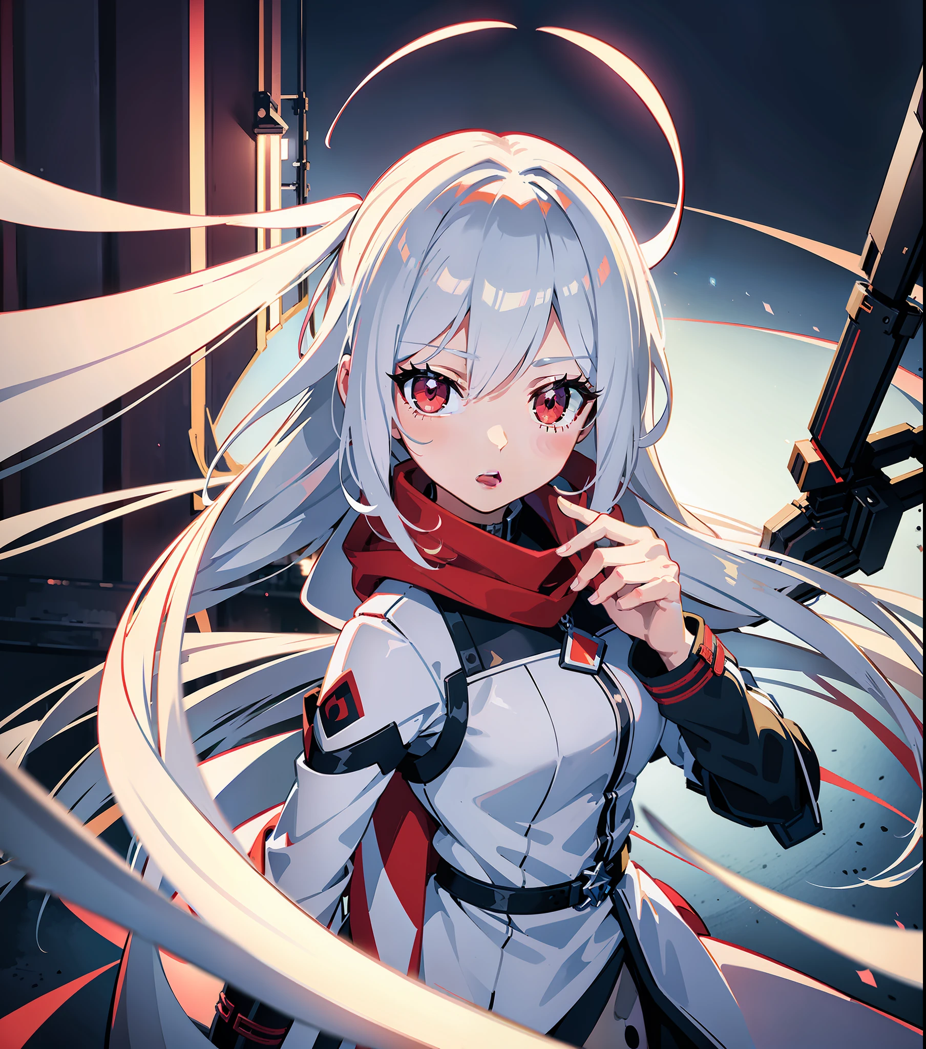 teens girl,White hair, City background at night,Red glowing eyes, sportrait, photorealestic,Red and white trench coat,(Wearing a hood),Red scarf,black t-shirts,longer sleeves,Multiple pairs of angel wings,Each wing is inlaid with eyeballs,Light wings hang around,side-lighting, the wallpaper, NSFW, Depicting female characters from ethereal anime in a high-quality anime art style,Combine ethereal and mecha themes,Showcasing anime goddesses and white-haired mysterious characters。
