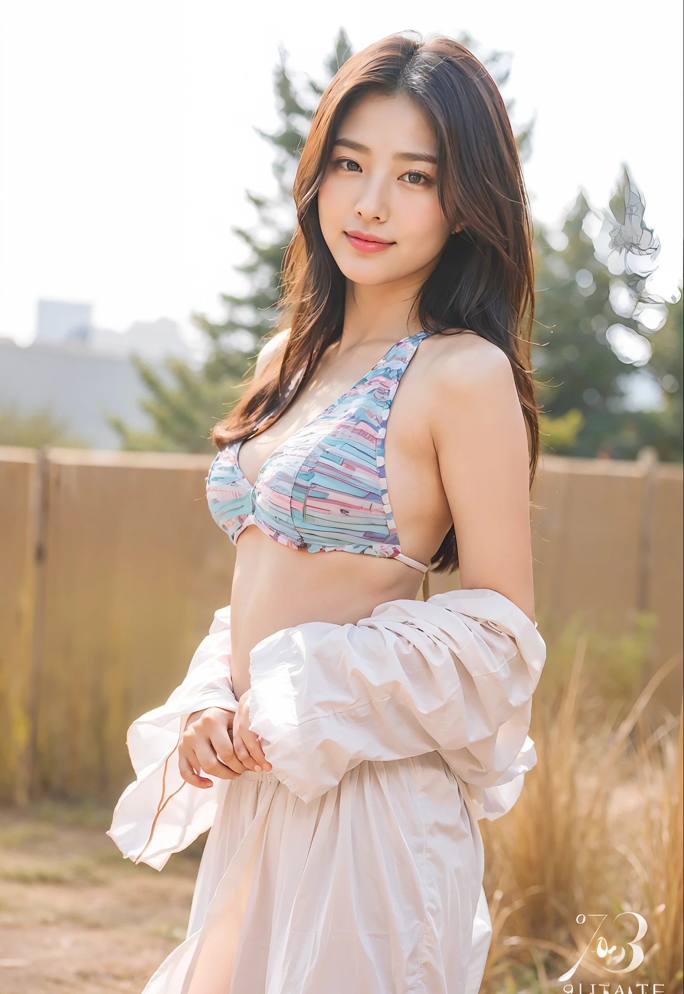 ( (8K:1.27), Best quality at best, tmasterpiece, 超高分辨率:1.2) photore,Beautiful Chinese woman (big breasts beautiful:1.1) (The clothes ar:1.21) ,ellegance、fanciful、the detail、geomerty、Gradient lighting,1girll, Delicate skin, looking at viewert, Brown eyes,ssmile ,(fashion hair:1.2), (Large breasts:1.0), (medium areolae:0.8), (realisticlying:1.4), (Best picture quality:1.0), (超高分辨率:1.0), 8K, RAW photos, (tmasterpiece:0.2), (PureErosFace_V1:0.5)