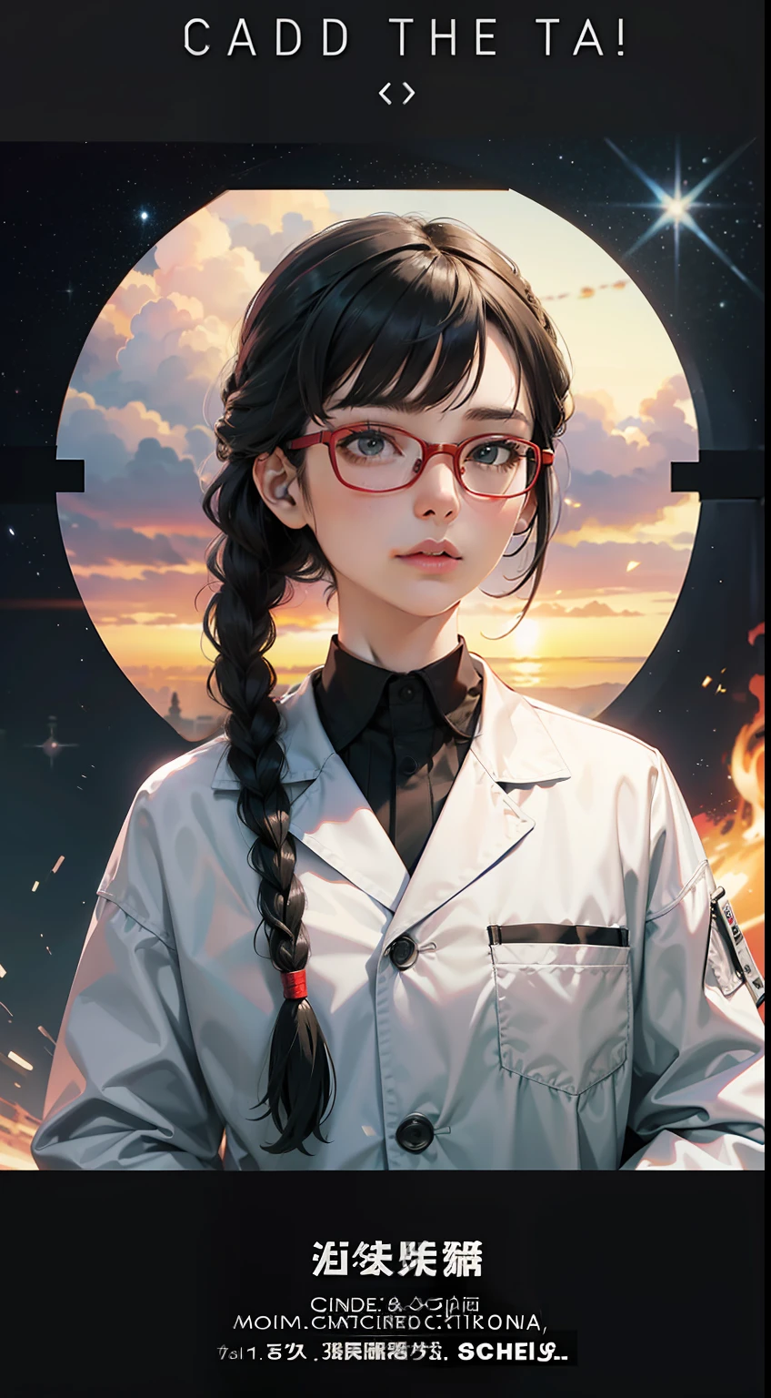 Movie Poster,((Braid hairstyles : 1.5)),Anime Reference 86 ,science fiction,sci-fi,motion picture,War Action Movies,outer space,atmospheric,sky,Combat vehicles,Multiple characters,Women,mature adult,green eyes,Black Hair,(short hairstyles short hairstyles short hairstyles : 1.8 ),(Red glasses),White Scientist Uniform Long Lab Coat,Seriously frowned...,Realistic facial details,Realism,3d face,