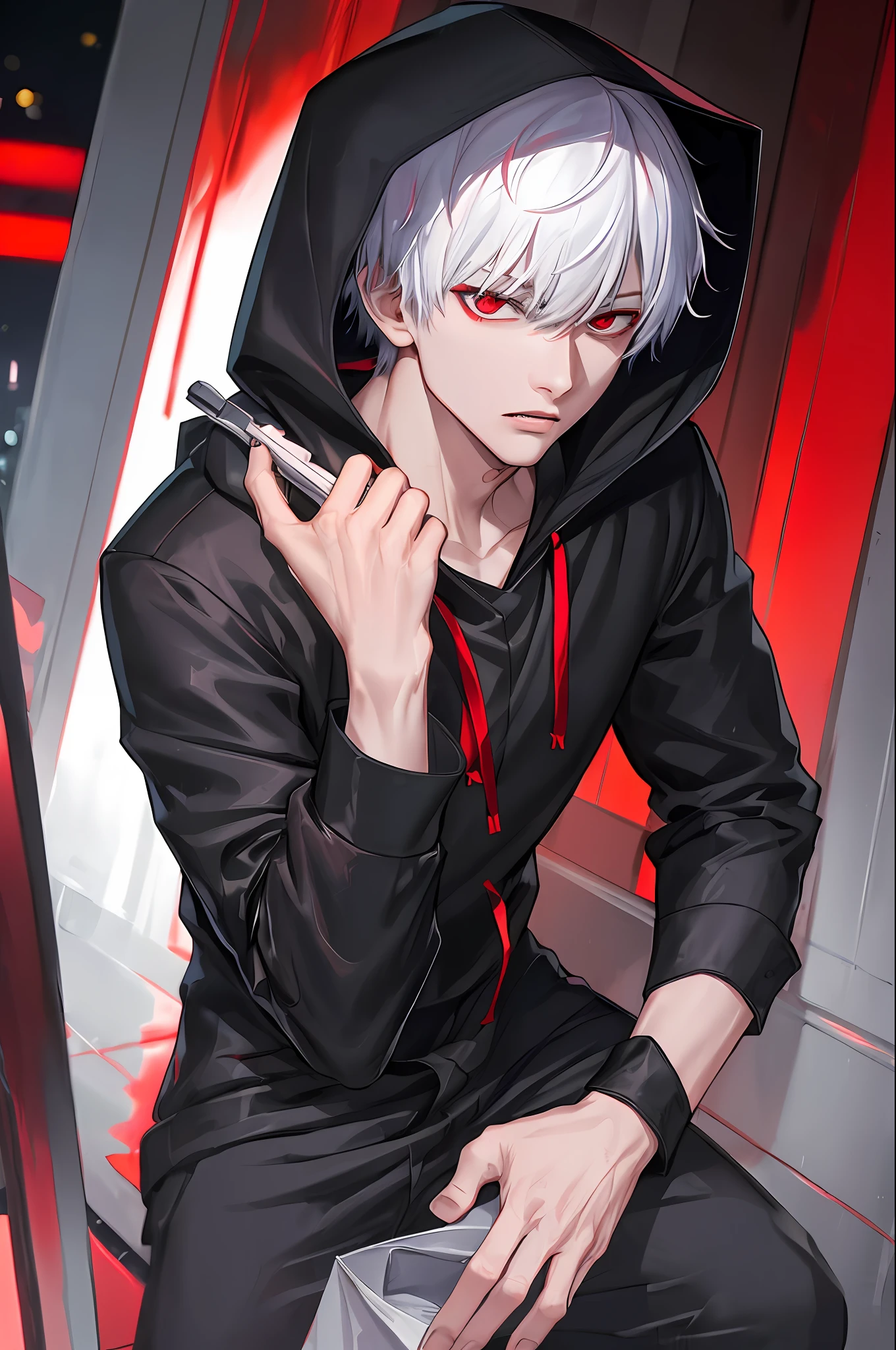 kk, best quality, more details, masterpiece, 1boy, kaneki ken, portrait, male focus, red eyes, solo, bangs, looking at viewer, hood, short hair, rain, tokyo tokyo \(city\),  hood up, nail polish, white hair, luxurious, 8k, detailed, ray tracing, depth of field, cinematic lighting,