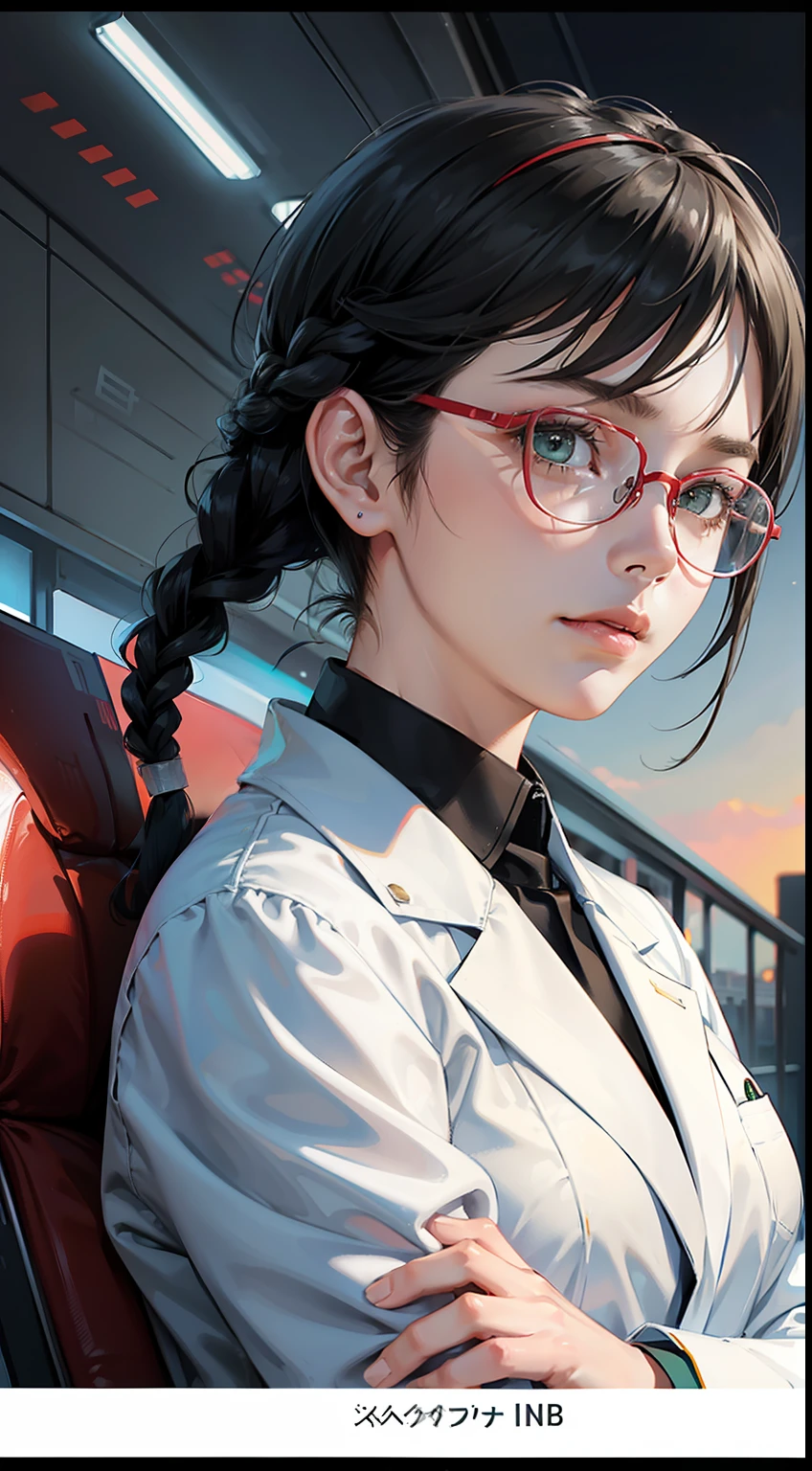 Movie Poster,((Braid hairstyles : 1.5)),Anime Reference 86 ,science fiction,sci-fi,motion picture,War Action Movies,outer space,atmospheric,sky,Combat vehicles,Multiple characters,Women,mature adult,green eyes,Black Hair,(short hairstyles short hairstyles short hairstyles : 1.8 ),(Red glasses),White Scientist Uniform Long Lab Coat,Seriously frowned...,Realistic facial details,Realism,3d face,