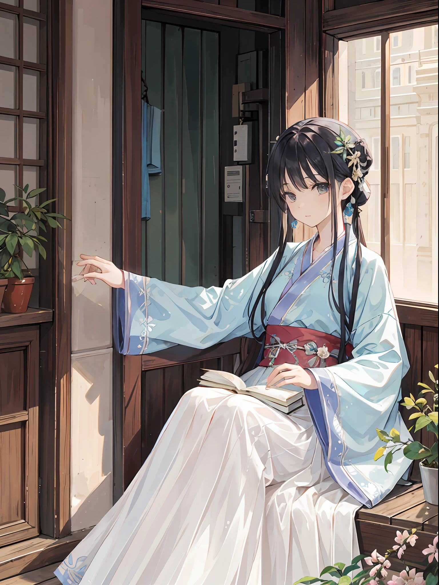 Best Quality, Intricate details, High resolution, (beautiful details water: 1.4), (Hanfu,), modern people holding math books, holding cell phone,